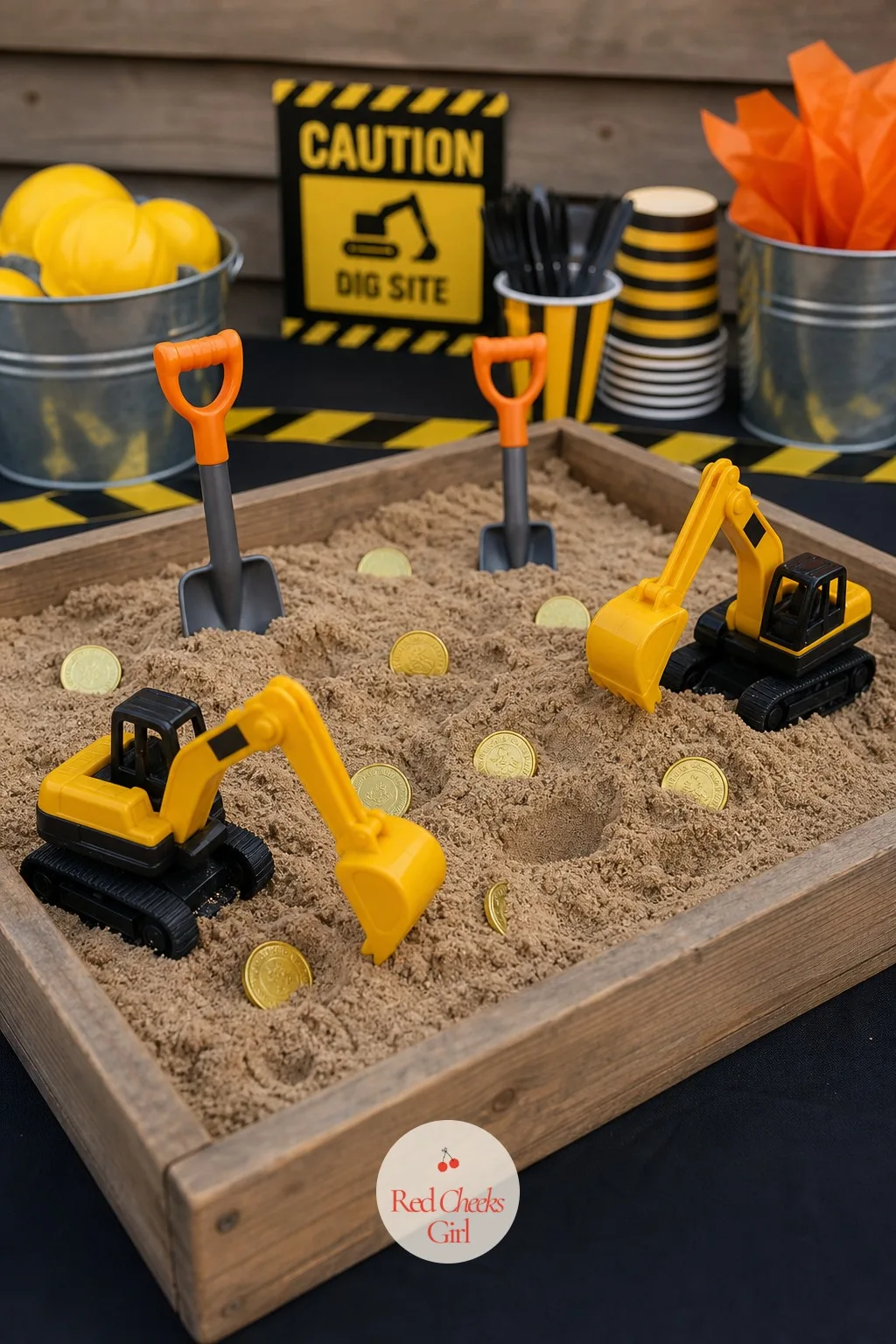 Sandbox Dig Site With Buried Gold Coins — This is the one station nobody leaves early, because digging for treasure never gets old at this age. Construction