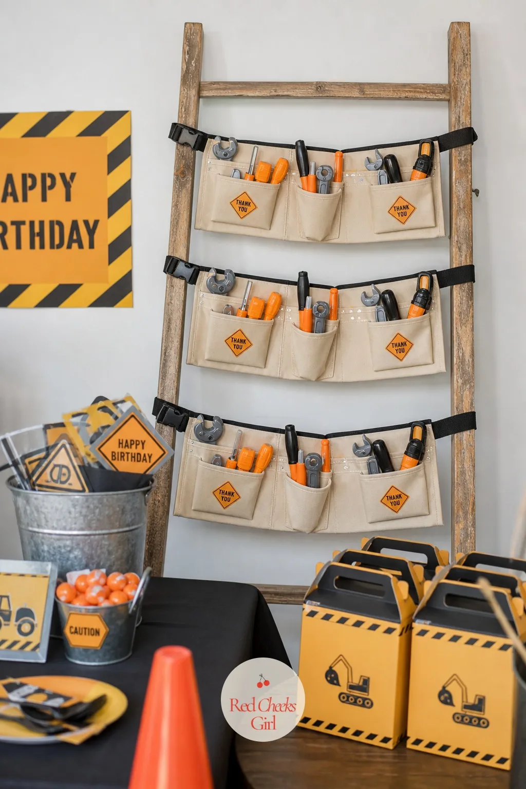 Tool Belt Favor Rack — Handing over a favour bag is fine, but a belt a child can actually wear out the door is better. Construction birthday party