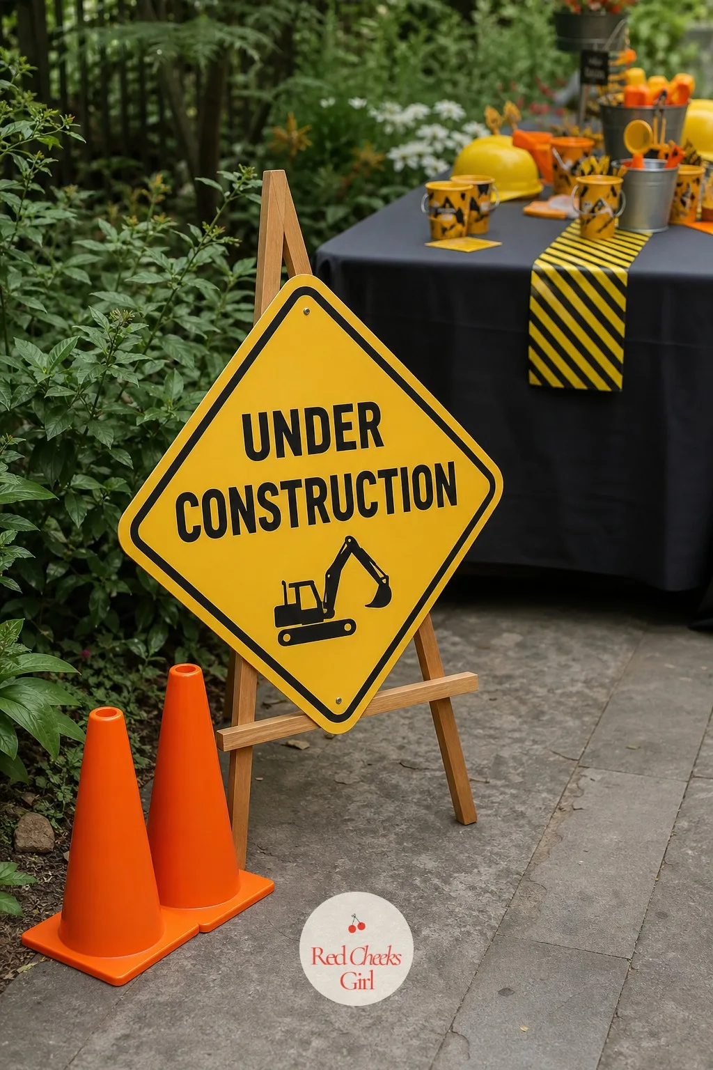 Under Construction A Frame Sign At The Walkway — A sign on a stake does more work than any amount of balloons stacked at the door, because it tells a three