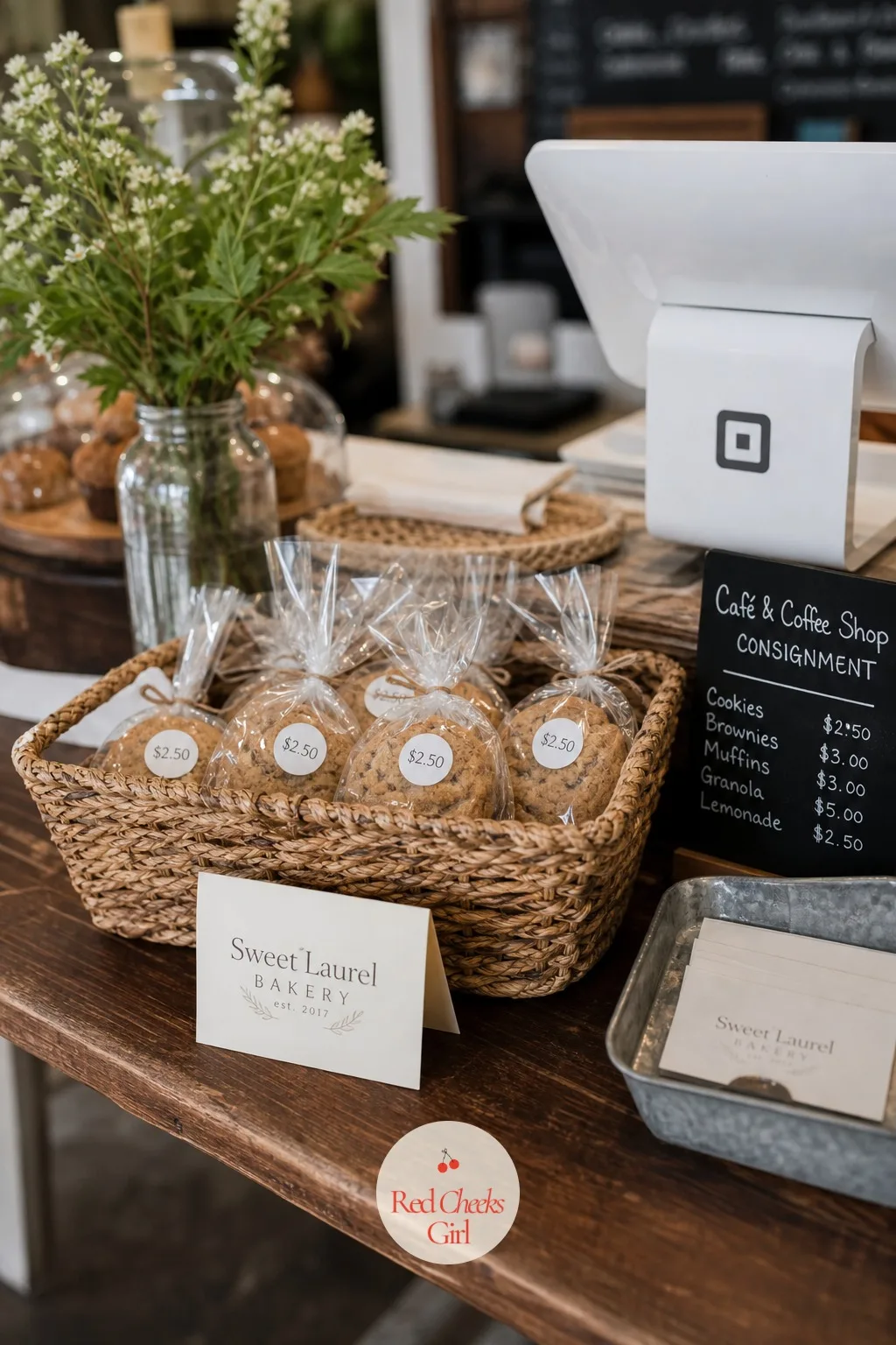Café and Coffee Shop Consignment — A small woven basket beside a coffee shop till holds cellophane-wrapped cookies with round price stickers, a folded tented