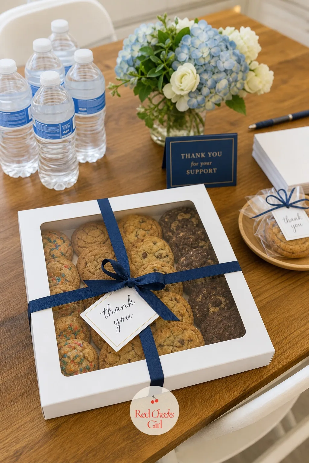 Client Thank-You Gift Boxes for Local Businesses — A dozen cookies fill a white box with a cellophane window, tied with a slim ribbon and a small printed