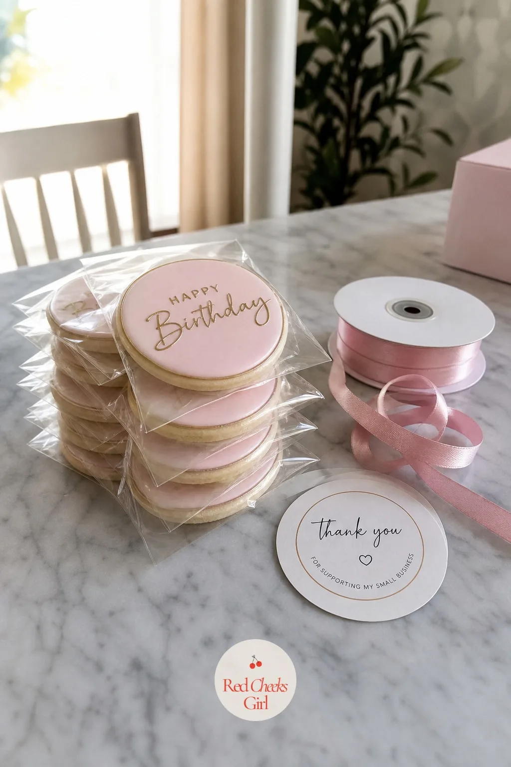 Custom Decorated Cookies for Birthdays and Baby Showers — A dozen cookies sit in a clear cellophane bag tied at the top, each one iced in two colors that match