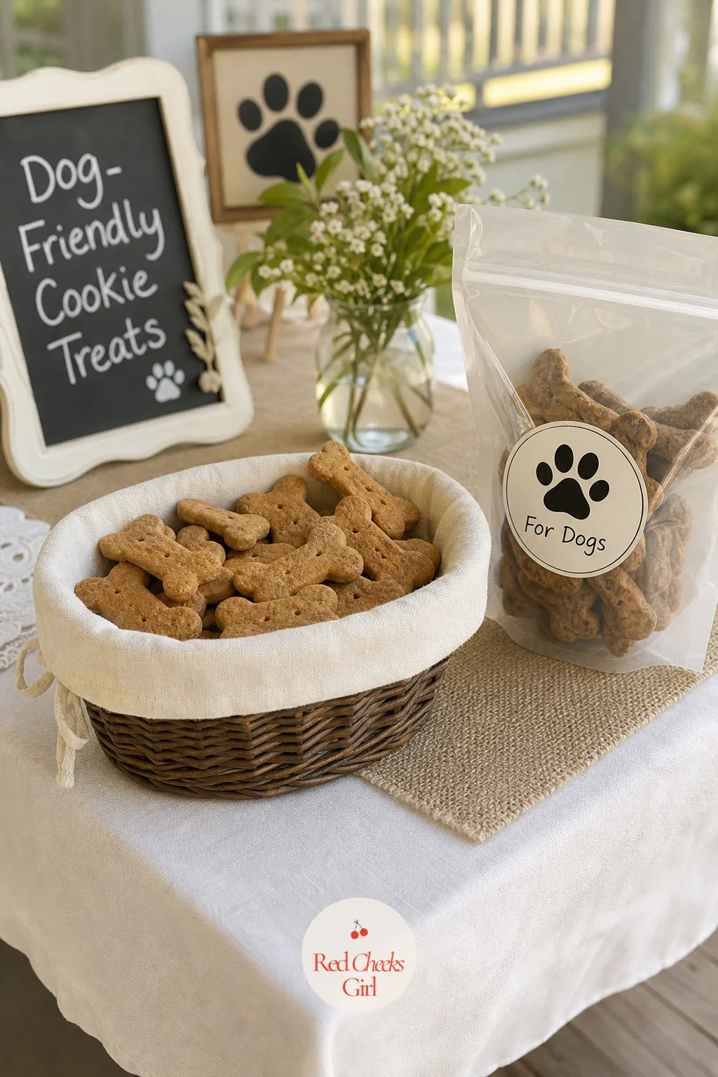 Dog-Friendly Cookie Treats — Bone-shaped treats in warm brown fill a small basket, a clear bag beside it printed with a paw icon and a bold for-dogs label so