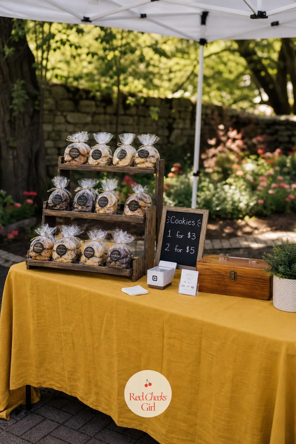 Farmers Market Stall — A folding table dressed in a mustard cloth holds a tiered wooden stand loaded with bagged cookies, a small chalkboard price sign in