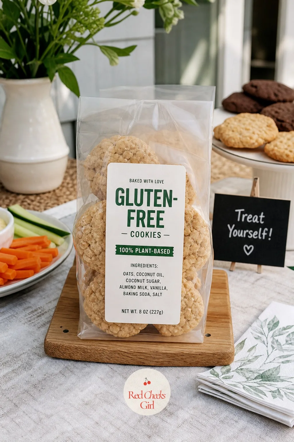 Gluten-Free or Vegan Cookie Line — A clear bag of pale oat-colored cookies rests on a wooden board, its label printed with the diet claim large across the
