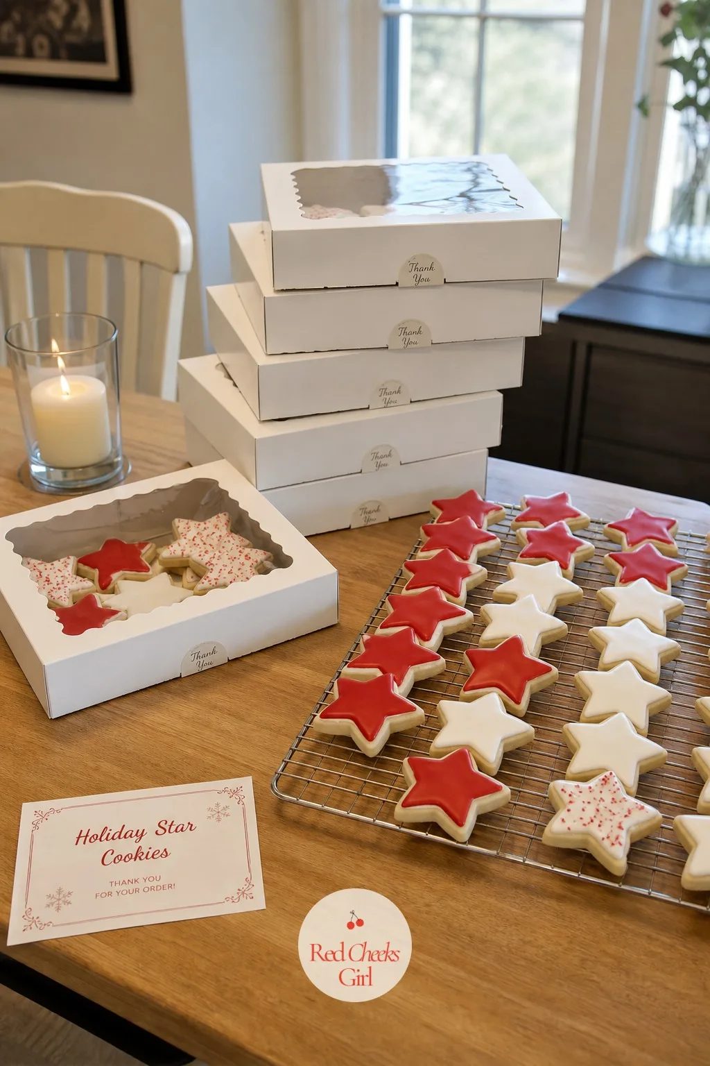 Holiday Bulk Order Cookies — Rows of one shape, iced in two or three holiday colors, fill a cooling rack beside a stack of matching white boxes, every dozen