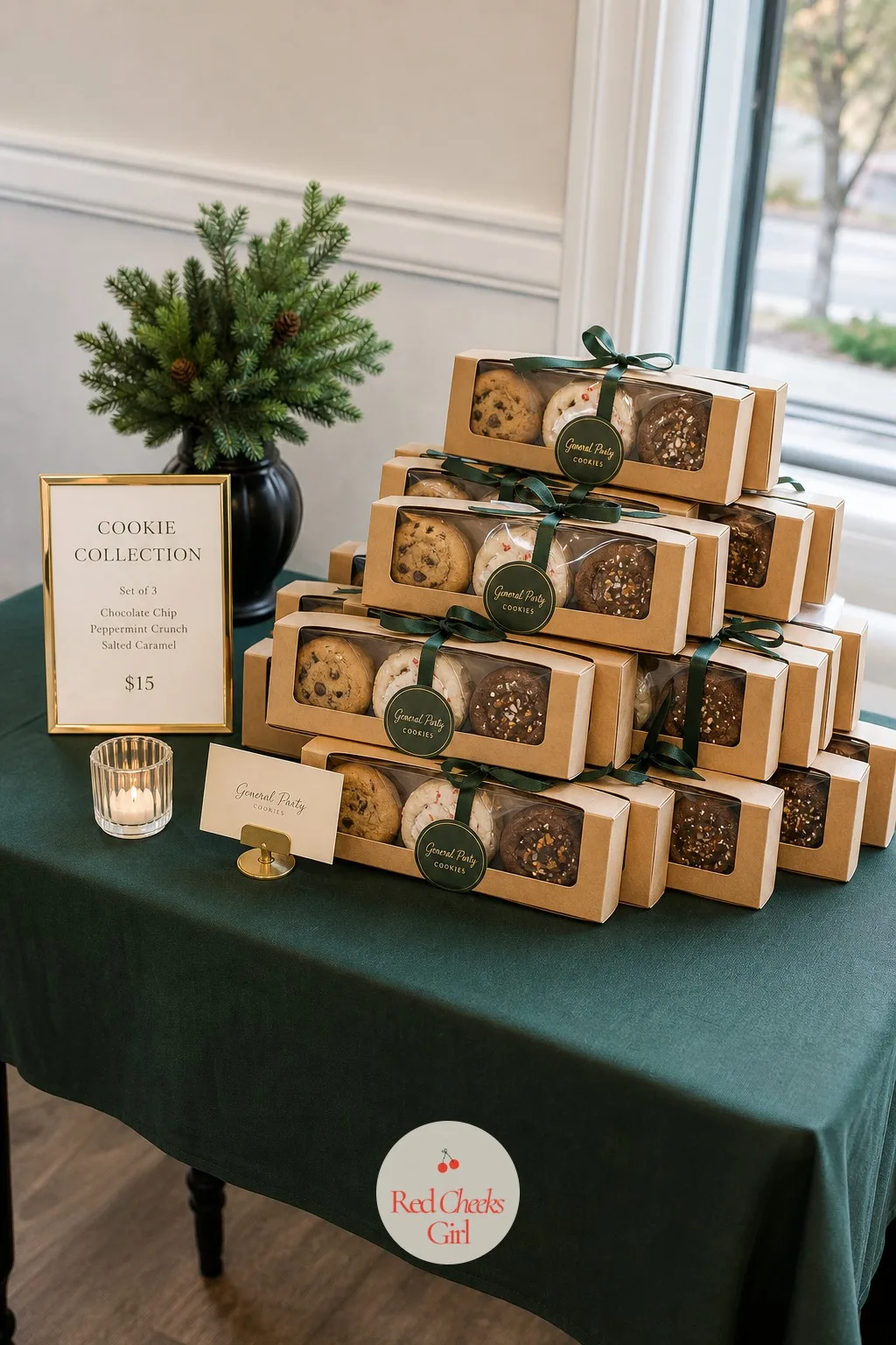 Holiday Craft Fair Pop-Up Table — A narrow table dressed in deep green holds boxed sets of three cookies stacked in a small pyramid, a single pricing sign