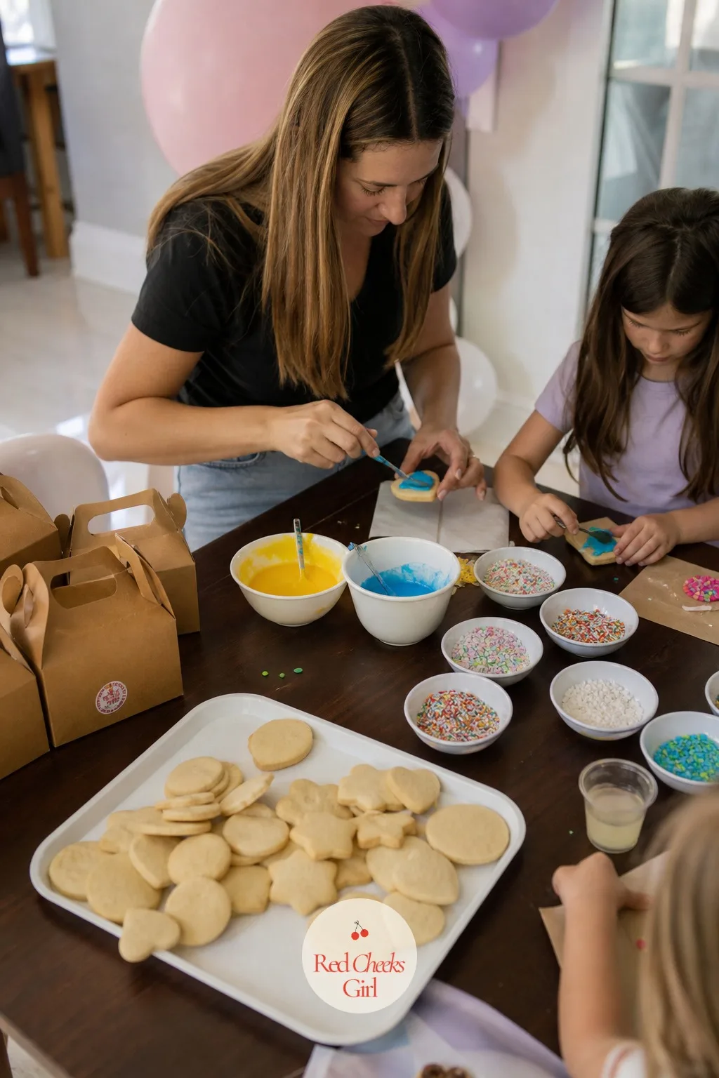 Kids' Birthday Party Cookie-Decorating Station — A low table holds a tray of plain cookies, small bowls of bright icing, dishes of rainbow sprinkles, and a