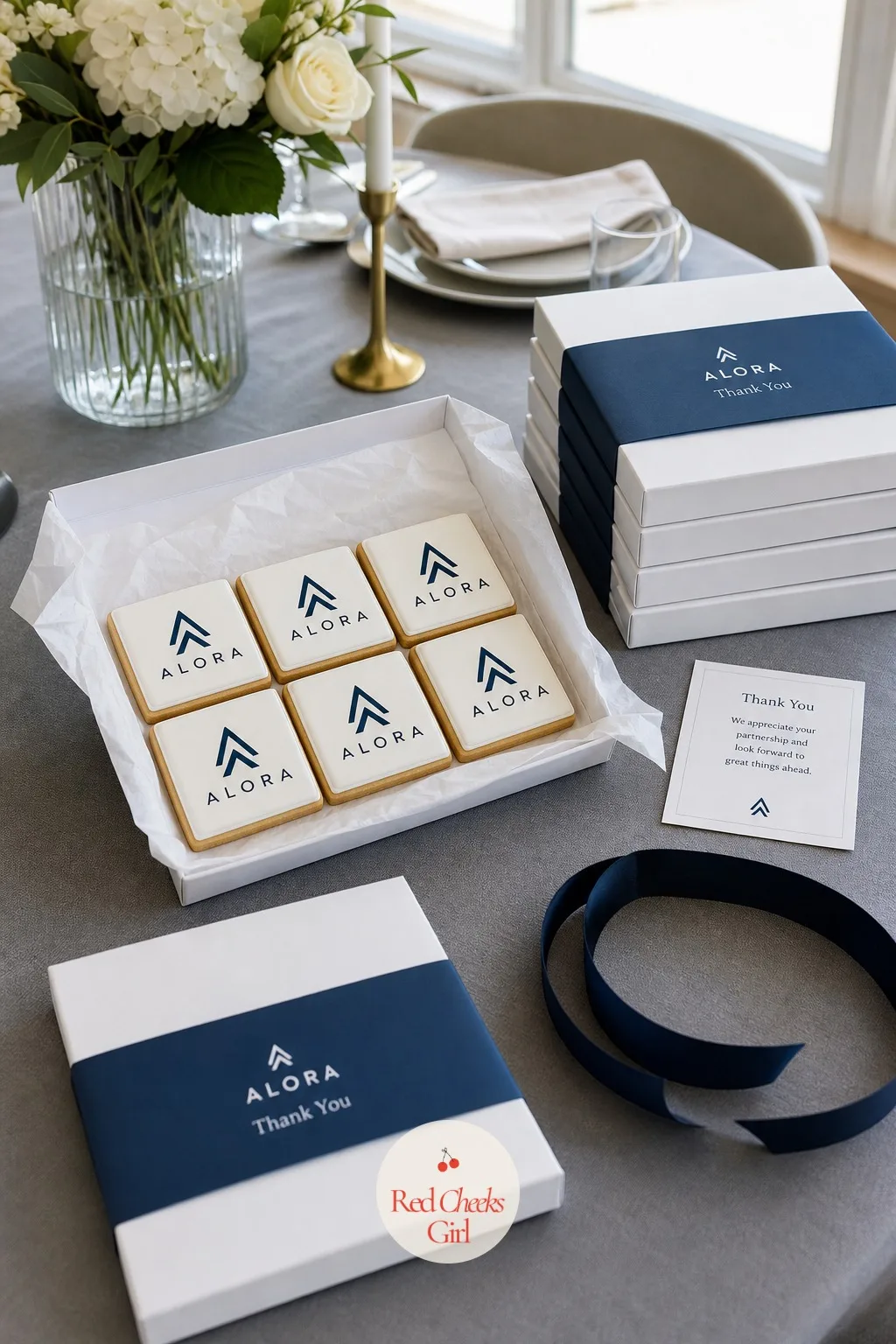 Logo Cookies for Corporate Gifting — Square cookies printed with a simple logo in navy and white sit inside an open rigid gift box, lined with tissue, ready to