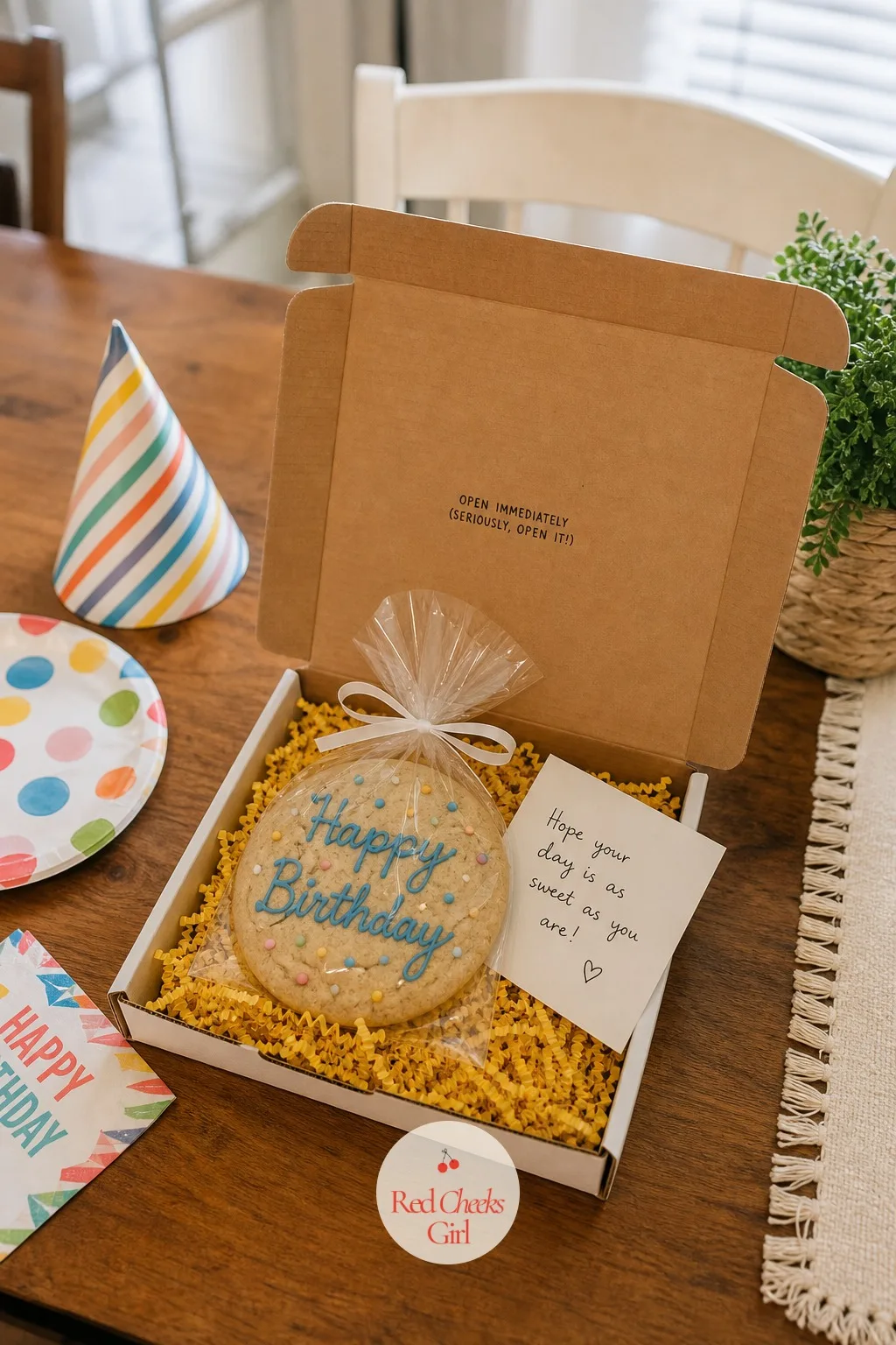 Mail-a-Birthday Cookie Box — A single cellophane-wrapped cookie rests inside a flat cardboard mailer lined with bright crinkle paper, a small handwritten card