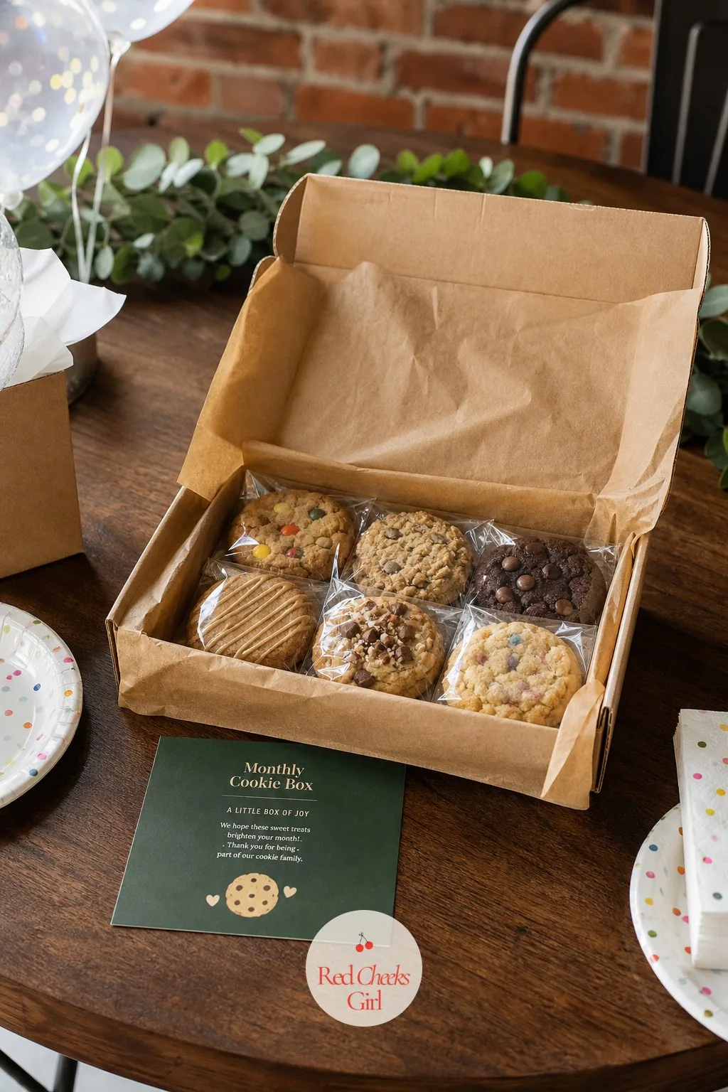 Monthly Cookie Box Subscription — An open shipping box lined with brown parchment reveals six cookies, each wrapped individually, beside a printed insert card