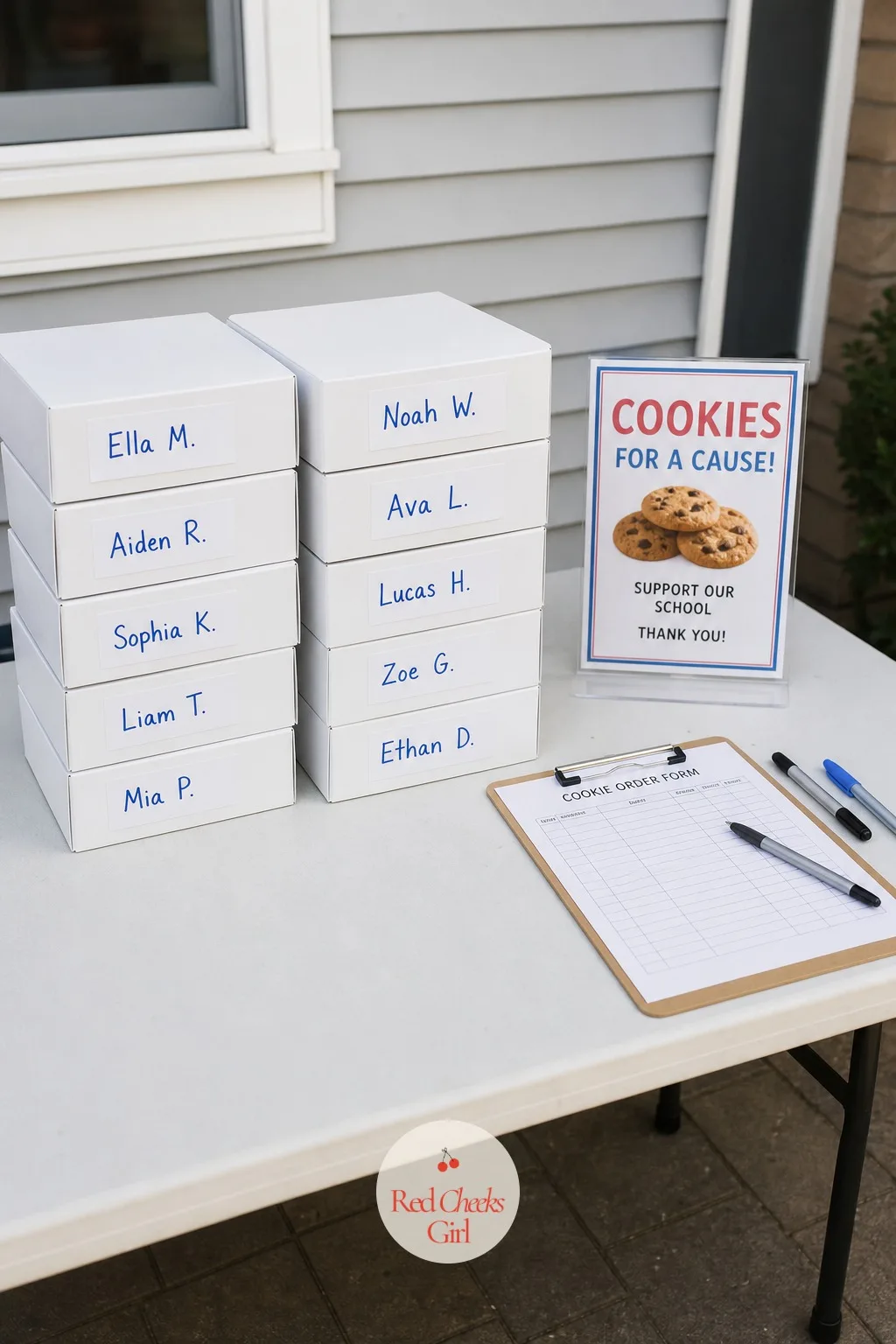 School Fundraiser Cookie Partnership — A stack of white bakery boxes sits on a folding table beside a clipboard holding order forms, each box labeled with a