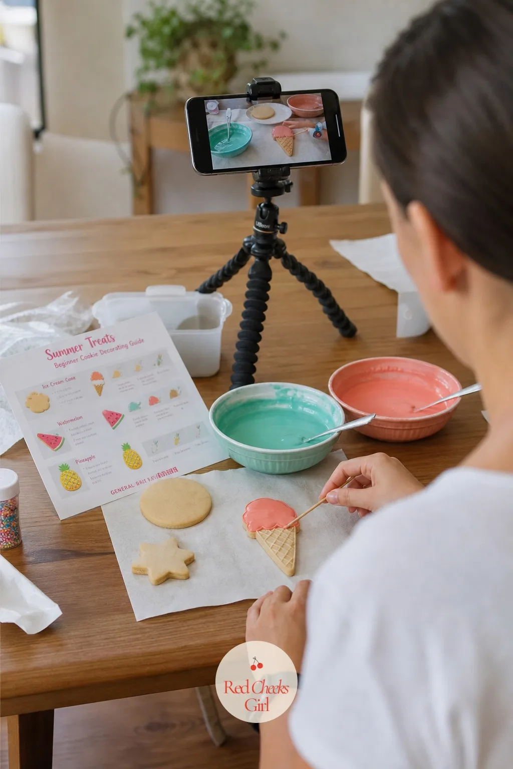 Virtual Cookie Decorating Class — A phone mounted on a small tripod points straight down at a decorating station holding plain cookies, two bowls of icing, and