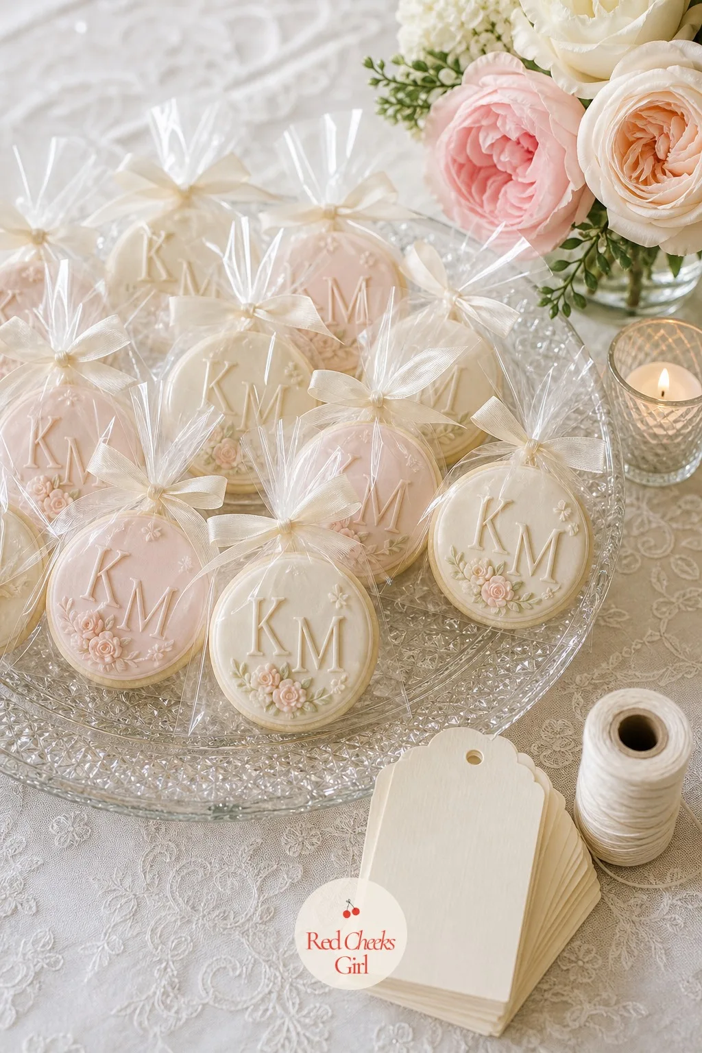 Wedding Favor Cookies — Small bags, each holding one monogrammed cookie, line a glass tray in ivory and blush, waiting to go out on the welcome table. Cookie