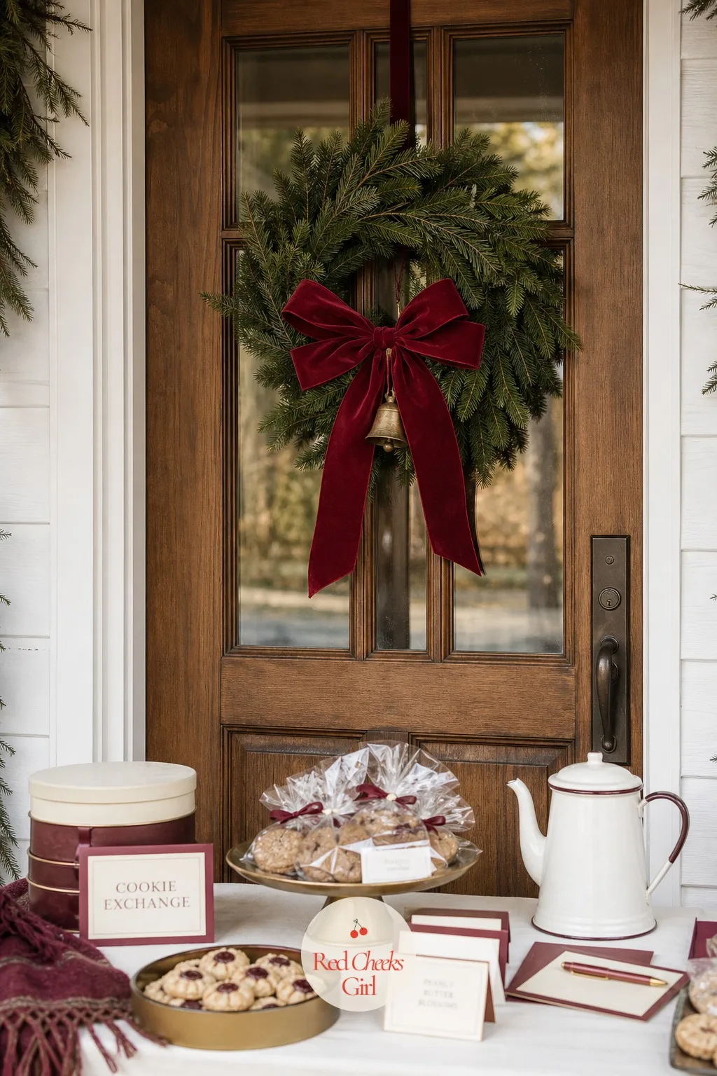 A Fresh Wreath on the Door With a Cranberry Bow — The party starts at the door, not at the table, and a bare door says nothing about what is waiting inside.