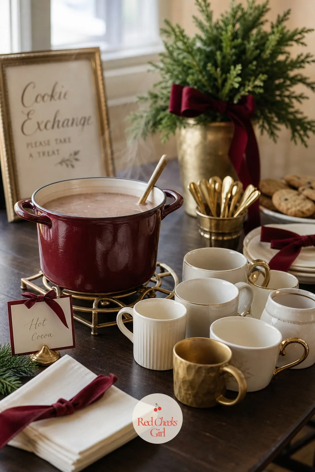 A Hot Cocoa Pot With Mismatched Mugs — Cold hands and a tray of cookies do not mix well, and this corner solves that without turning into a second kitchen to