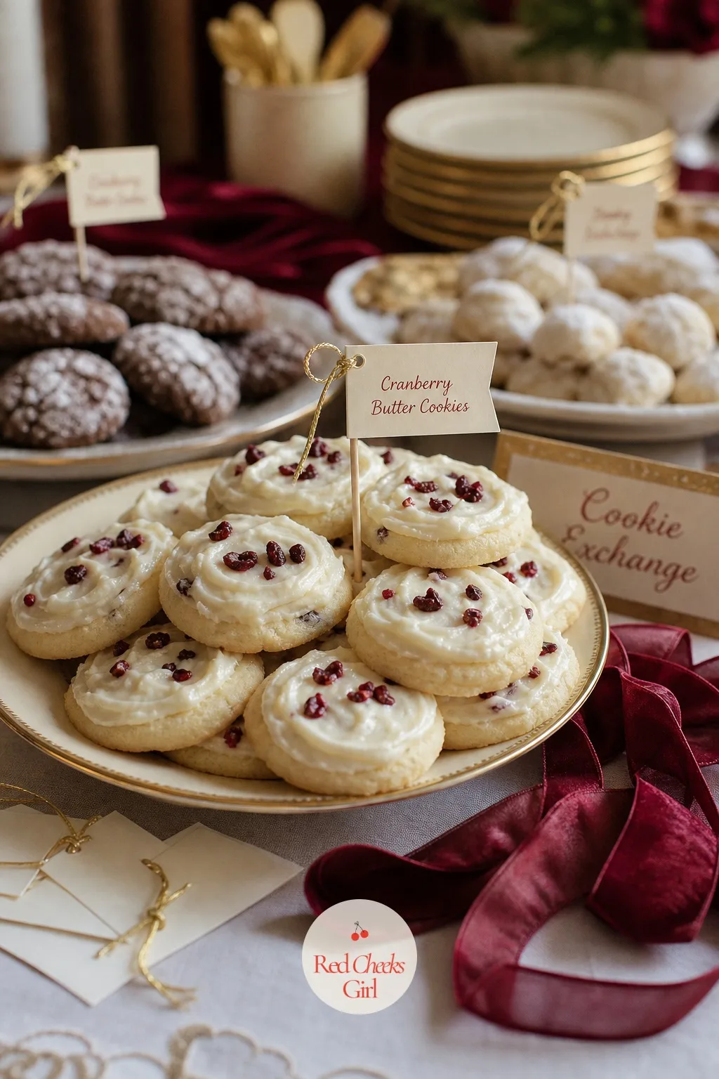 Mini Recipe Tags Pinned Into Each Platter — Nothing kills momentum faster than a guest hovering over a plate, unsure what is in it. Cookie exchange party ideas