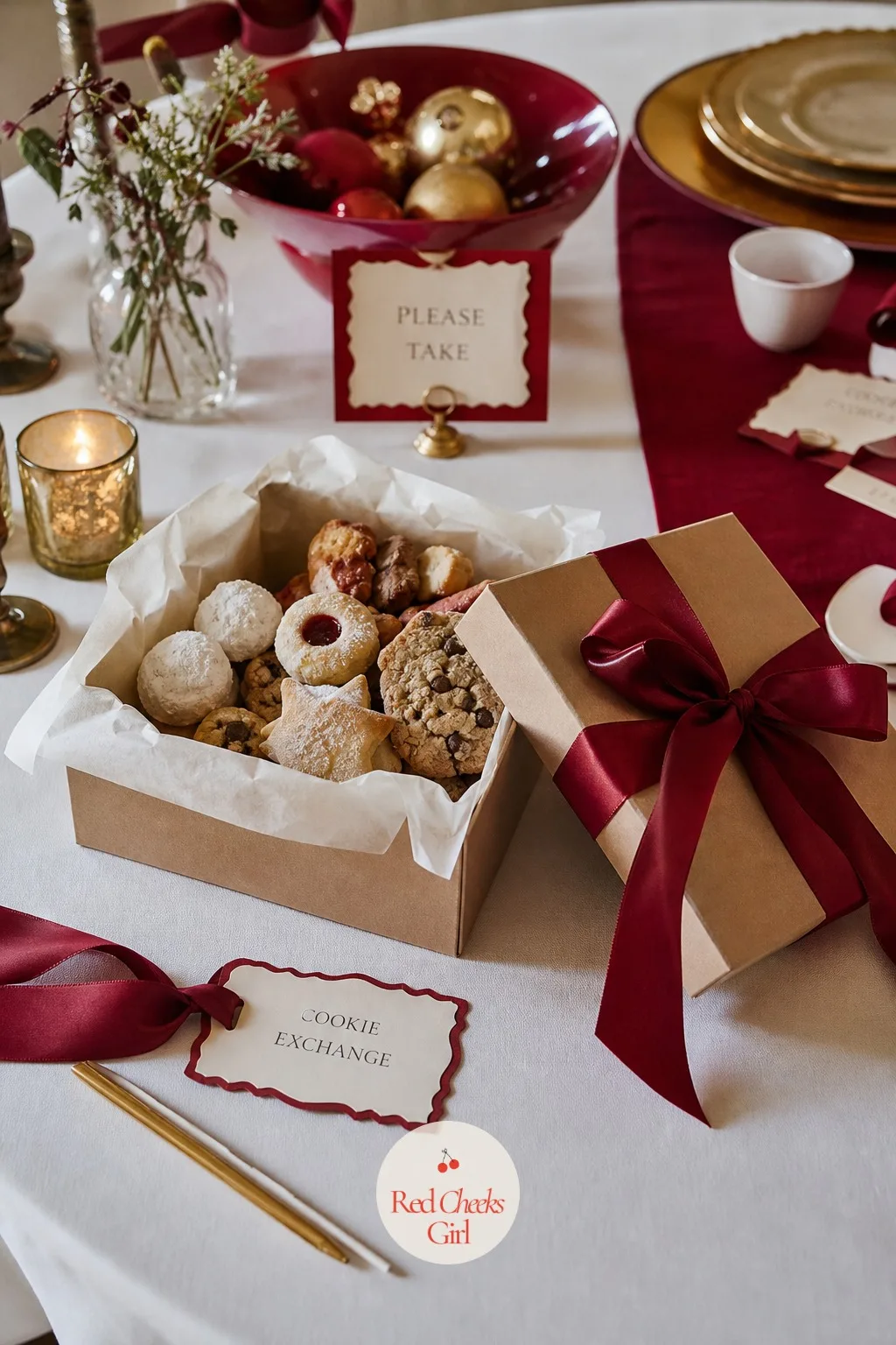 Parchment-Lined Boxes Tied With a Cranberry Ribbon — This is the thing every guest actually leaves with, so it is worth more care than the plain paper bag it