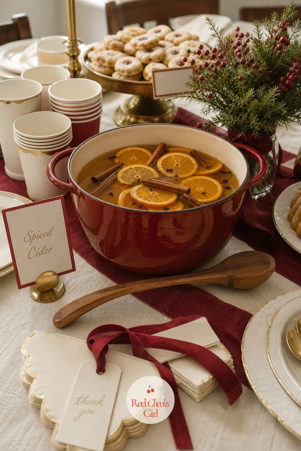 A Simmering Pot of Spiced Cider With Orange Slices — Not every guest wants chocolate, and a second warm drink beside the cocoa means nobody is stuck choosing