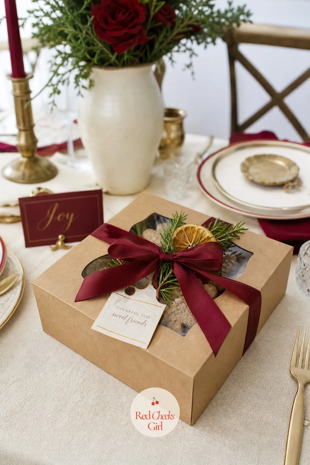 A Sprig Tucked Into the Ribbon Knot — A plain bow looks finished enough on its own, but one small sprig under the knot makes the box look like it came from