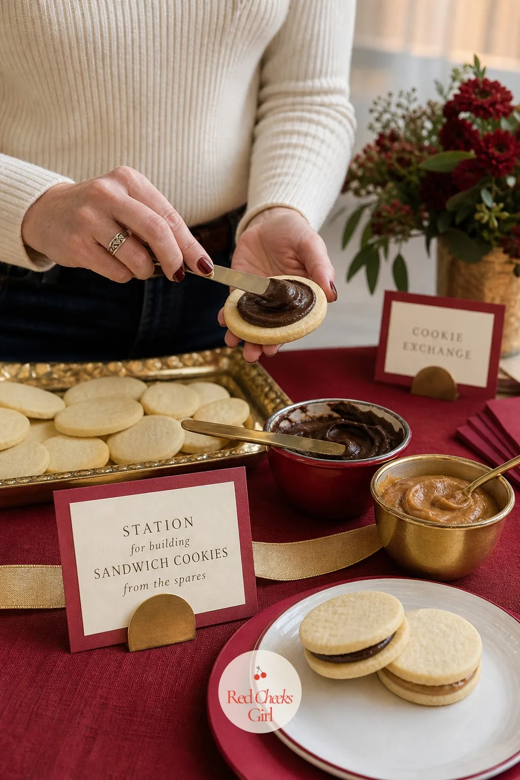 A Station for Building Sandwich Cookies From the Spares — There are always a few extra cookies left once the boxes are packed, and this station turns them into