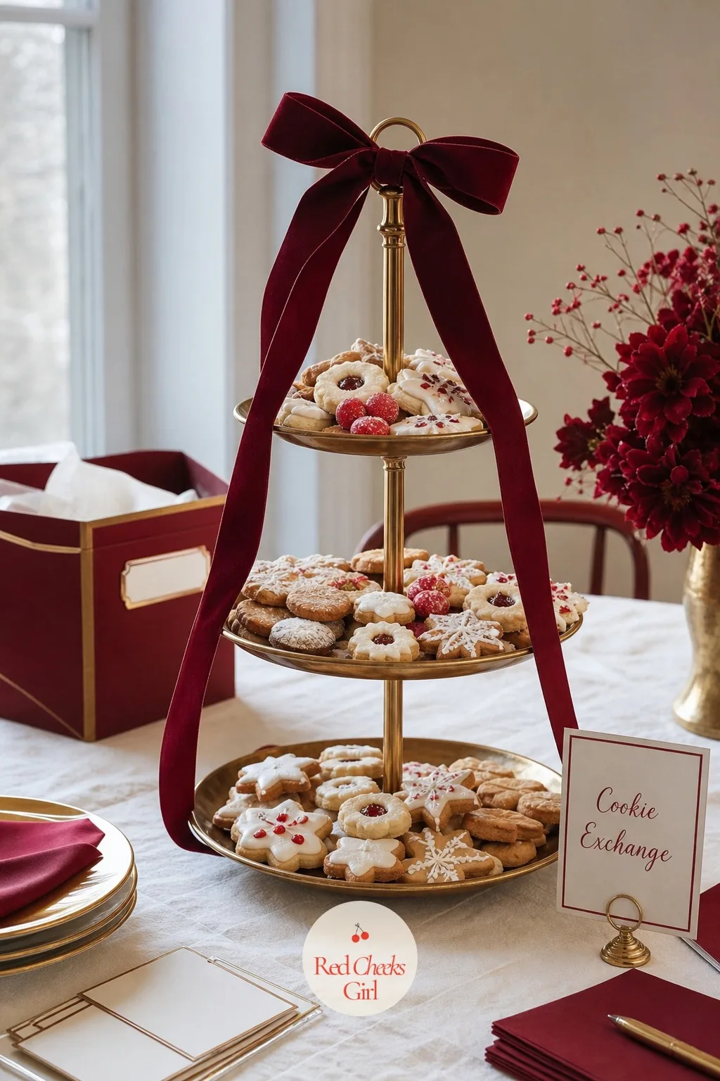 A Three Tier Stand Loaded With Mixed Cookies — A flat table of plates reads like a bake sale. Cookie exchange party ideas