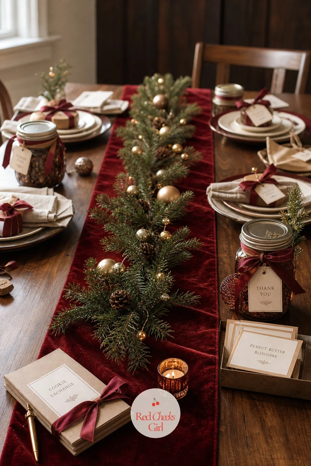 A Velvet Runner Laid With a Thin Pine Garland — A bare tablecloth under a stand of cookies looks unfinished no matter how good the cookies are. Cookie exchange