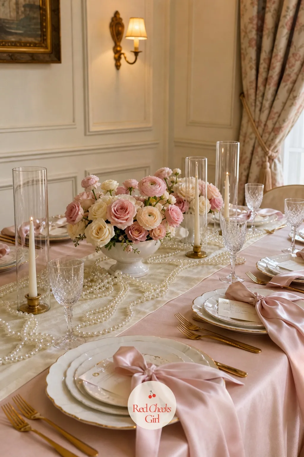 Blush Tablescape With Pearl Strands — She sits down and the table in front of her is already doing the work, blush linen under an ivory runner, a pearl strand