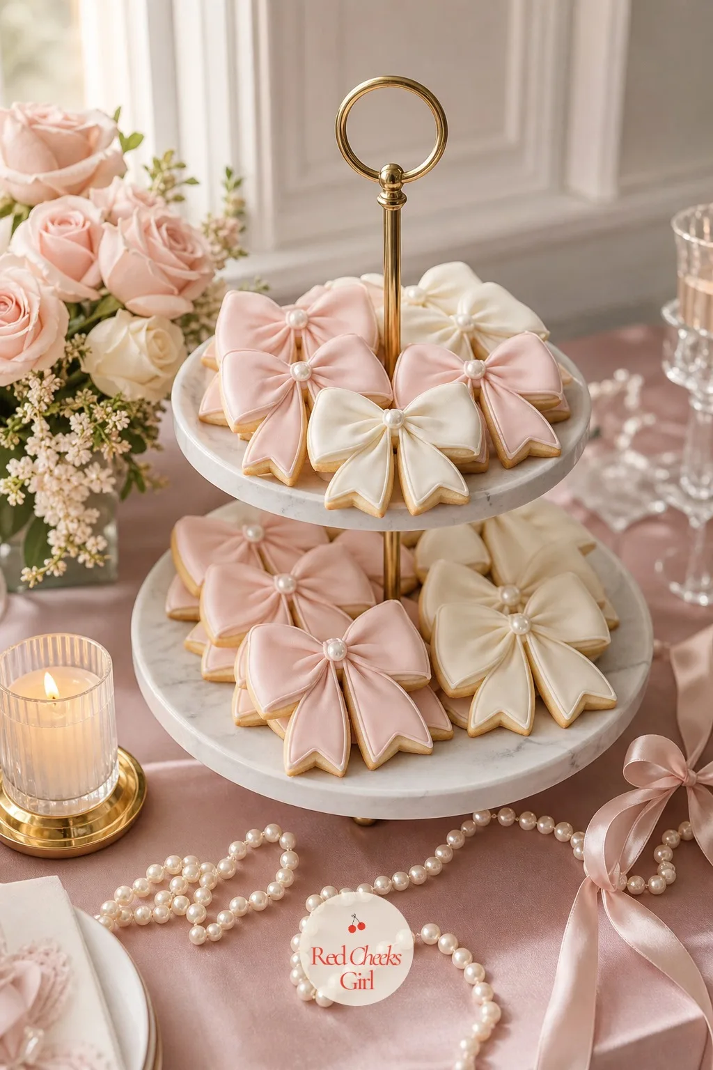 Bow Cookies — Next to the tall cake, the dessert table needs something small enough to pick up with two fingers, and a bow-shaped cookie reads as pure theme
