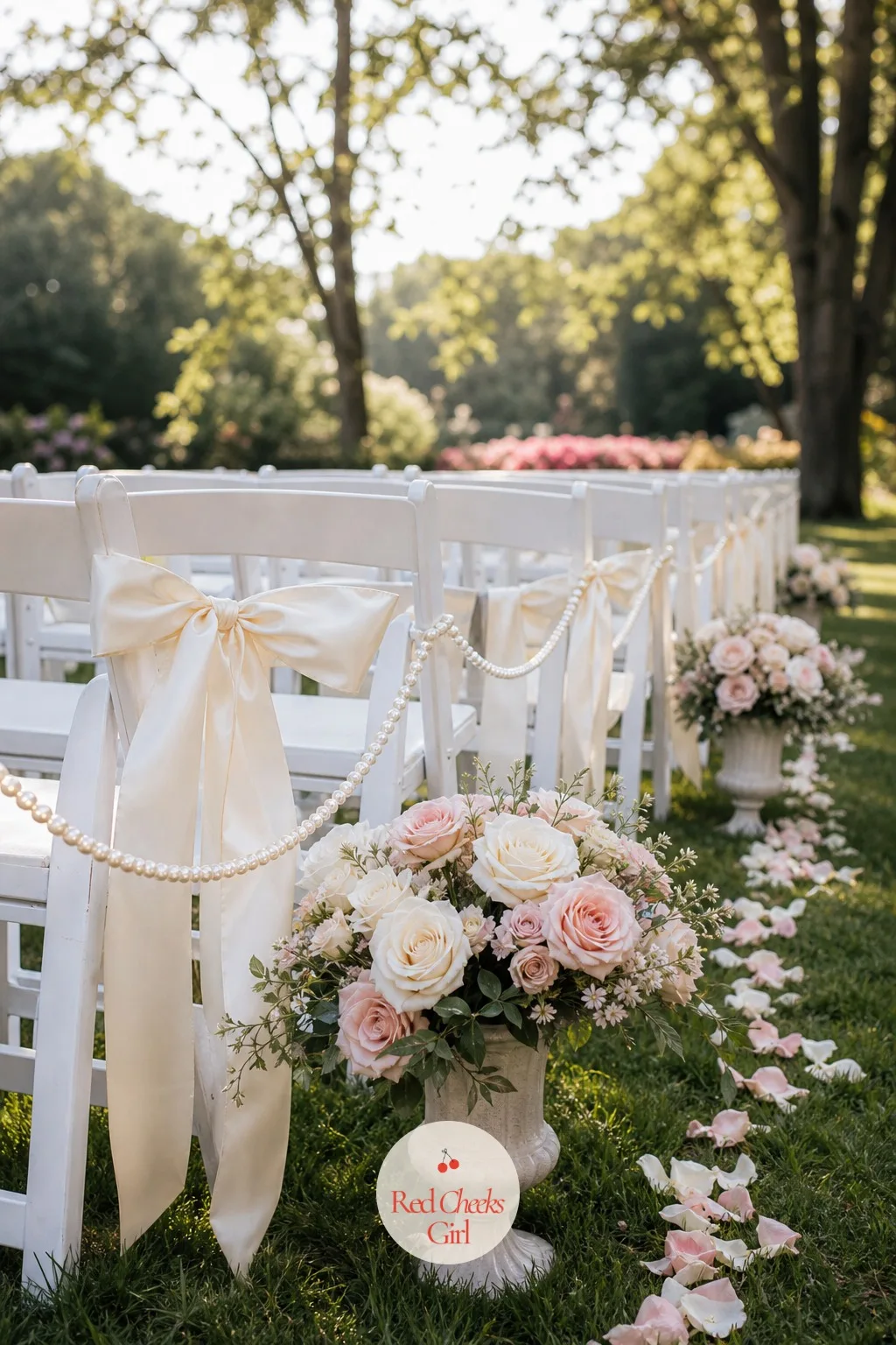 Bow-Tied Ceremony Chairs and Garlands — Guests find their seats and every chair down the aisle is wearing the same wide satin bow, tied at the back where a