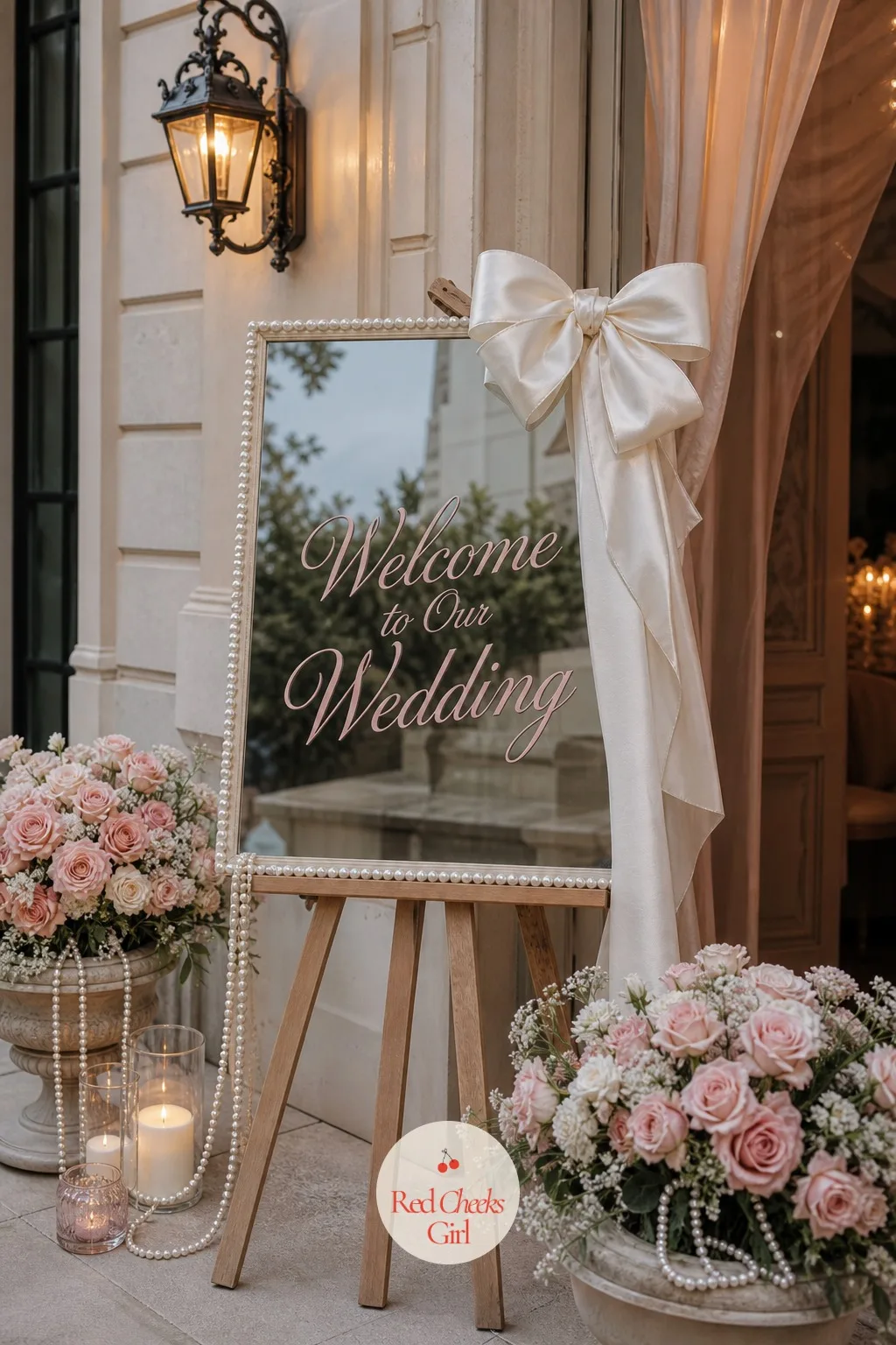 Bow-Tied Welcome Sign — Before anyone finds their seat, this is the first object they meet, on an easel just inside the entrance. Coquette wedding