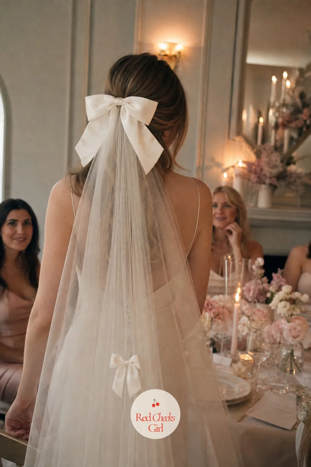 Bride's Bow Veil — Where a plain comb or pin usually holds the veil in place, here a satin bow sits at the crown instead, an unexpected little finish that