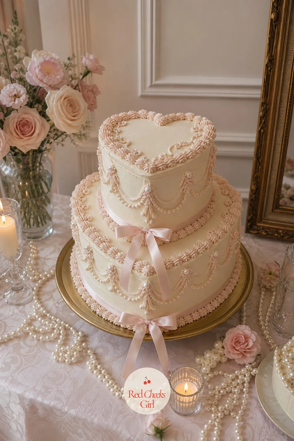 Heart Cake With Vintage Piping and Bows — Instead of the usual round tiers, the cake is shaped like a heart, iced in ivory and finished with the kind of