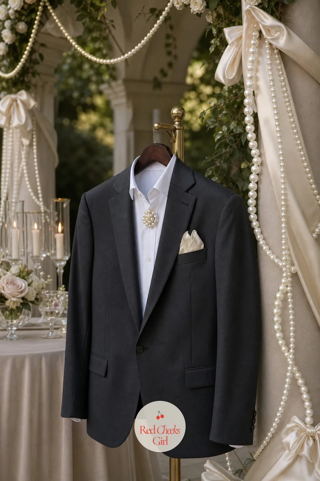 Pearl Brooch Instead of a Tie for the Groom — He skips the necktie altogether, and a vintage-style pearl brooch pins at the open collar in its place, a small