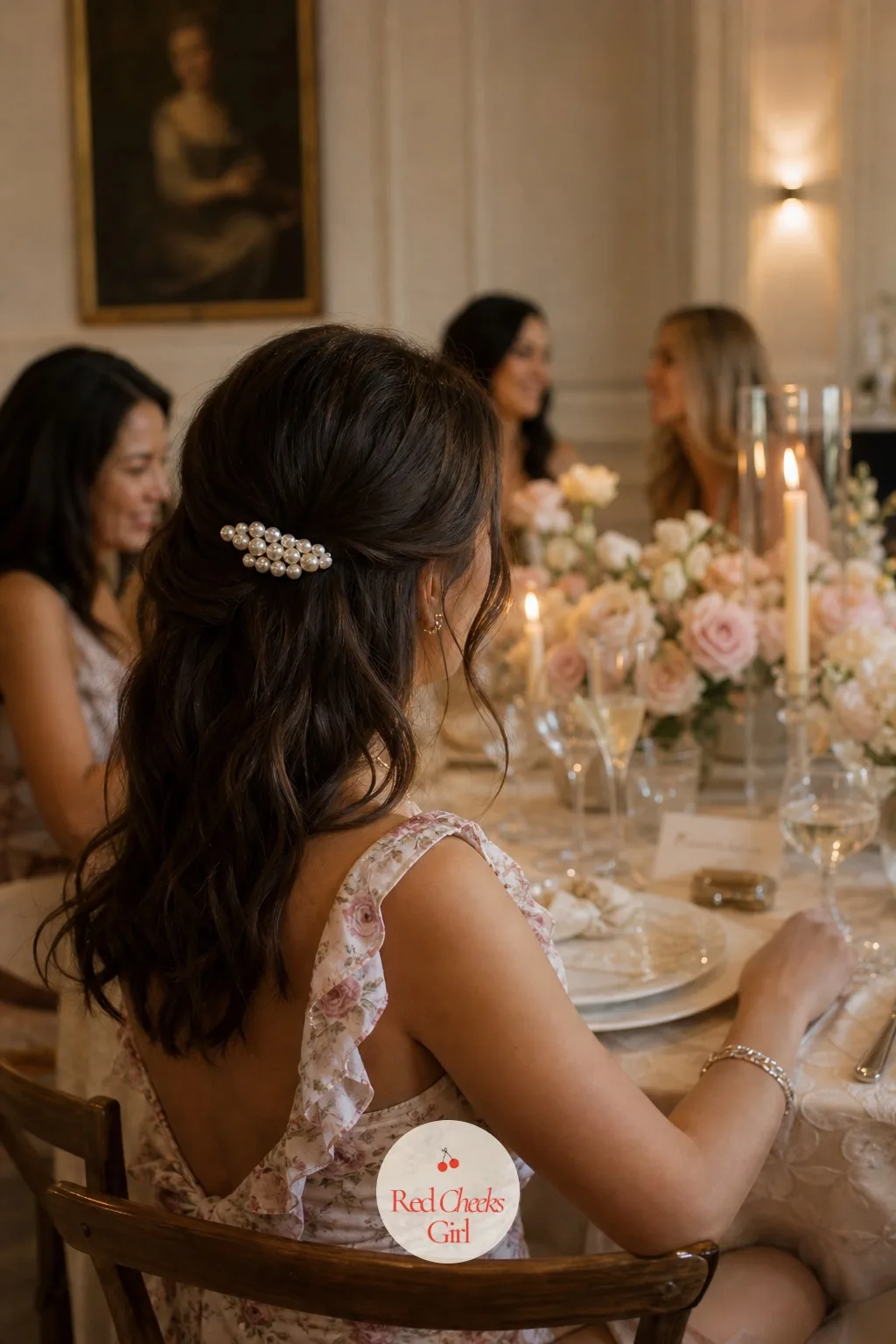 Pearl Hair Clips for Guests — Near the place cards or on a small favor table, a dish of pearl cluster hair clips waits for anyone who wants one, the kind of
