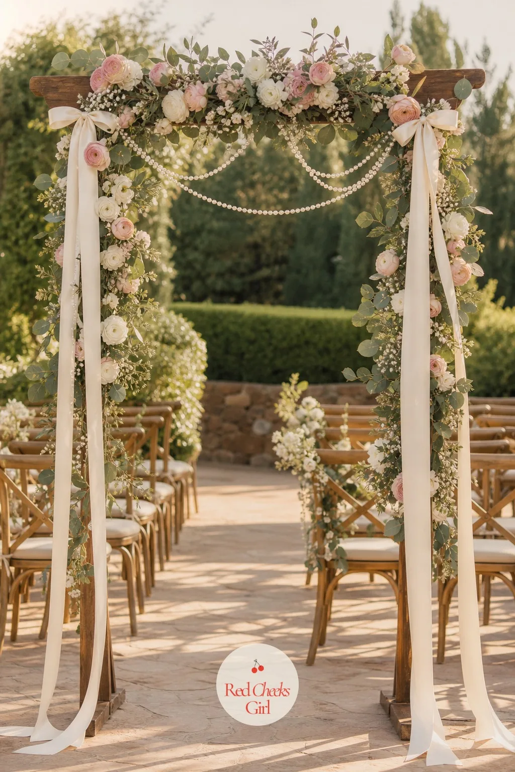 Pearl and Ribbon Arch Garland — At the front of the aisle, instead of greenery alone, there is garland threaded through with pearls and long ribbon tails that