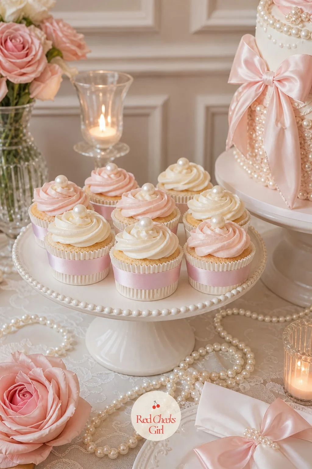 Pearl-Topped Cupcakes Beside the Cake — For the guest who would rather not wait for cake to be cut, a small stand of cupcakes sits right beside it, each one