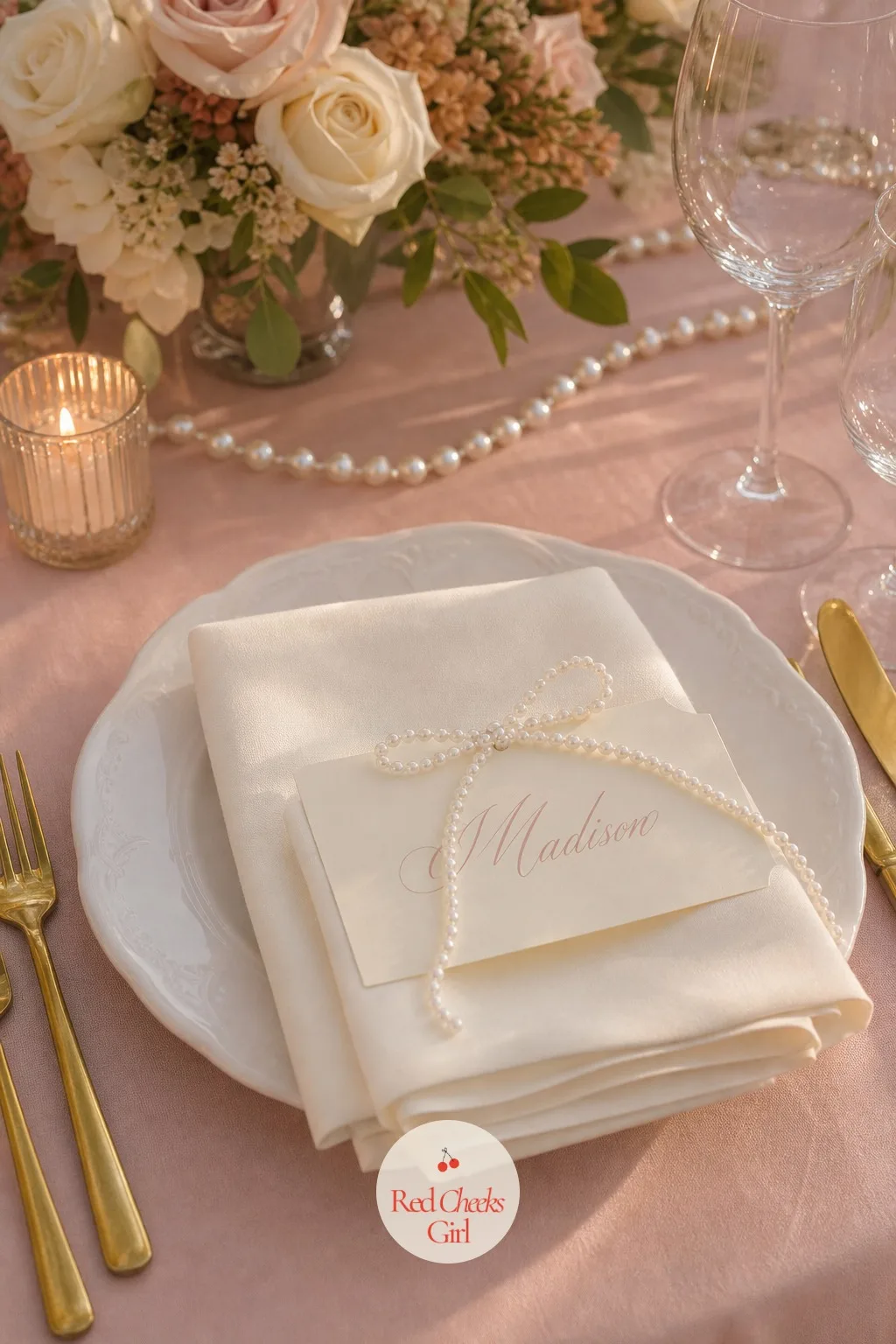 Pearl-Trimmed Place Cards — Finding her seat becomes its own small moment: a calligraphed card tied with a tiny pearl trim bow, set right on the folded napkin