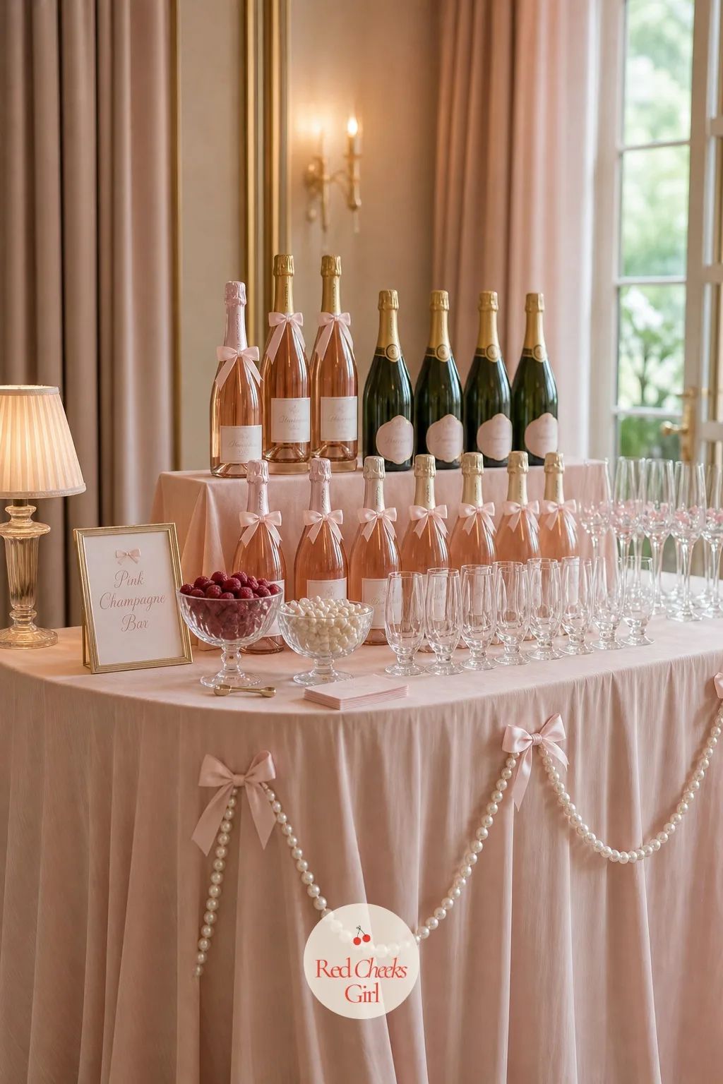 Pink Champagne Bar — One corner of the room becomes its own small scene: a riser of champagne and rosé bottles, flutes lined up, bowls of garnish, and a pearl