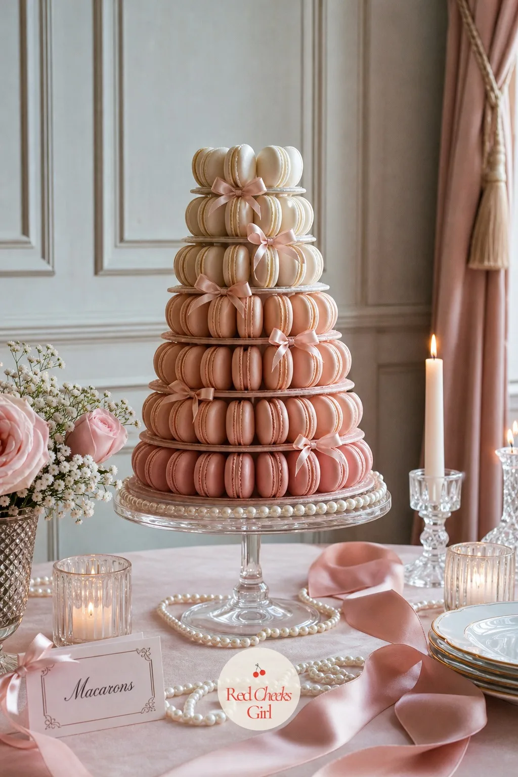 A Pink Macaron Tower — Beside the cake, height comes from a slim tower rather than another cake tier, climbing in a soft blush to ivory ombre that photographs