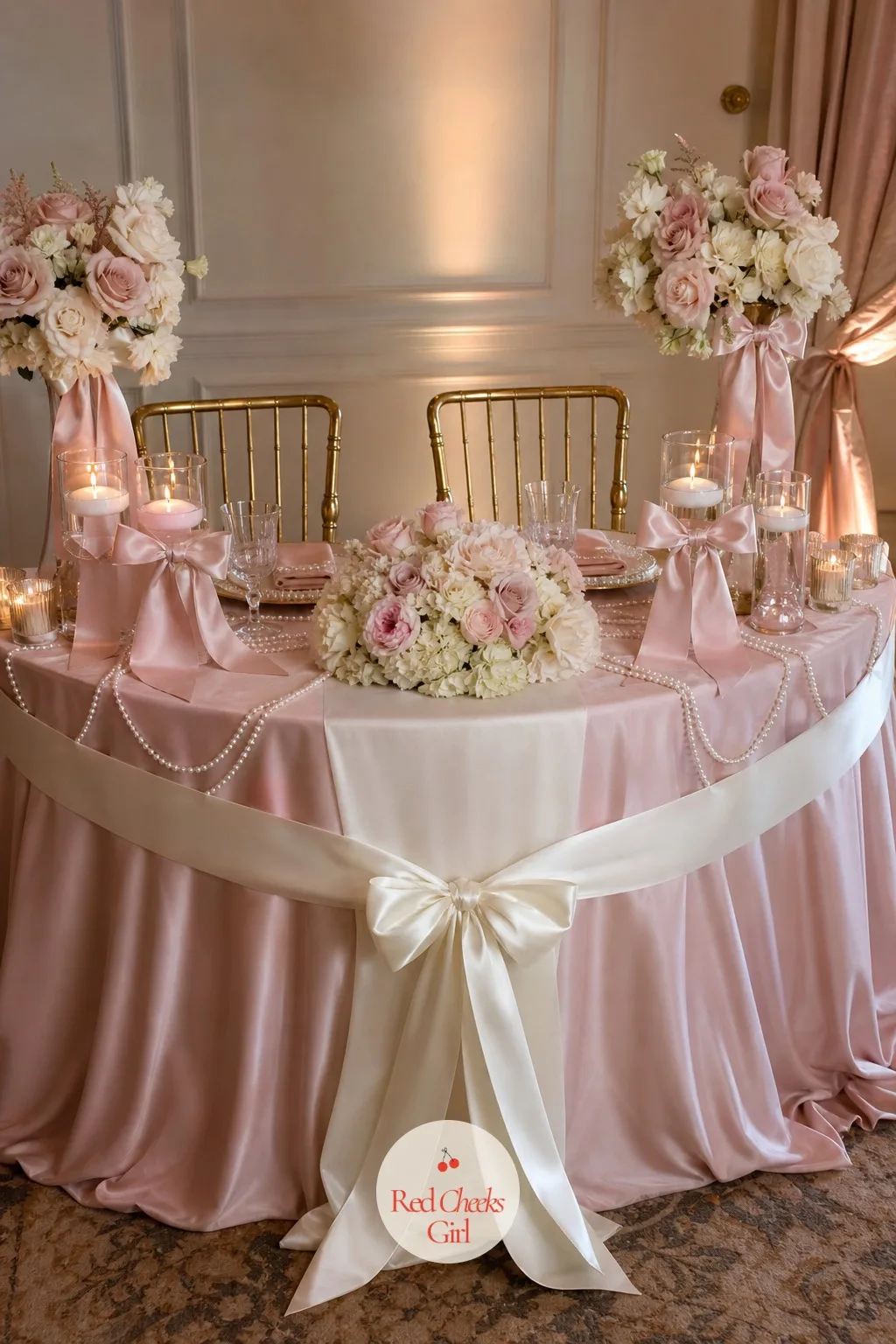 Ribbon Sash on the Sweetheart Table — The couple's own table should read as the most dressed table in the room, not the plainest one tucked at the front.