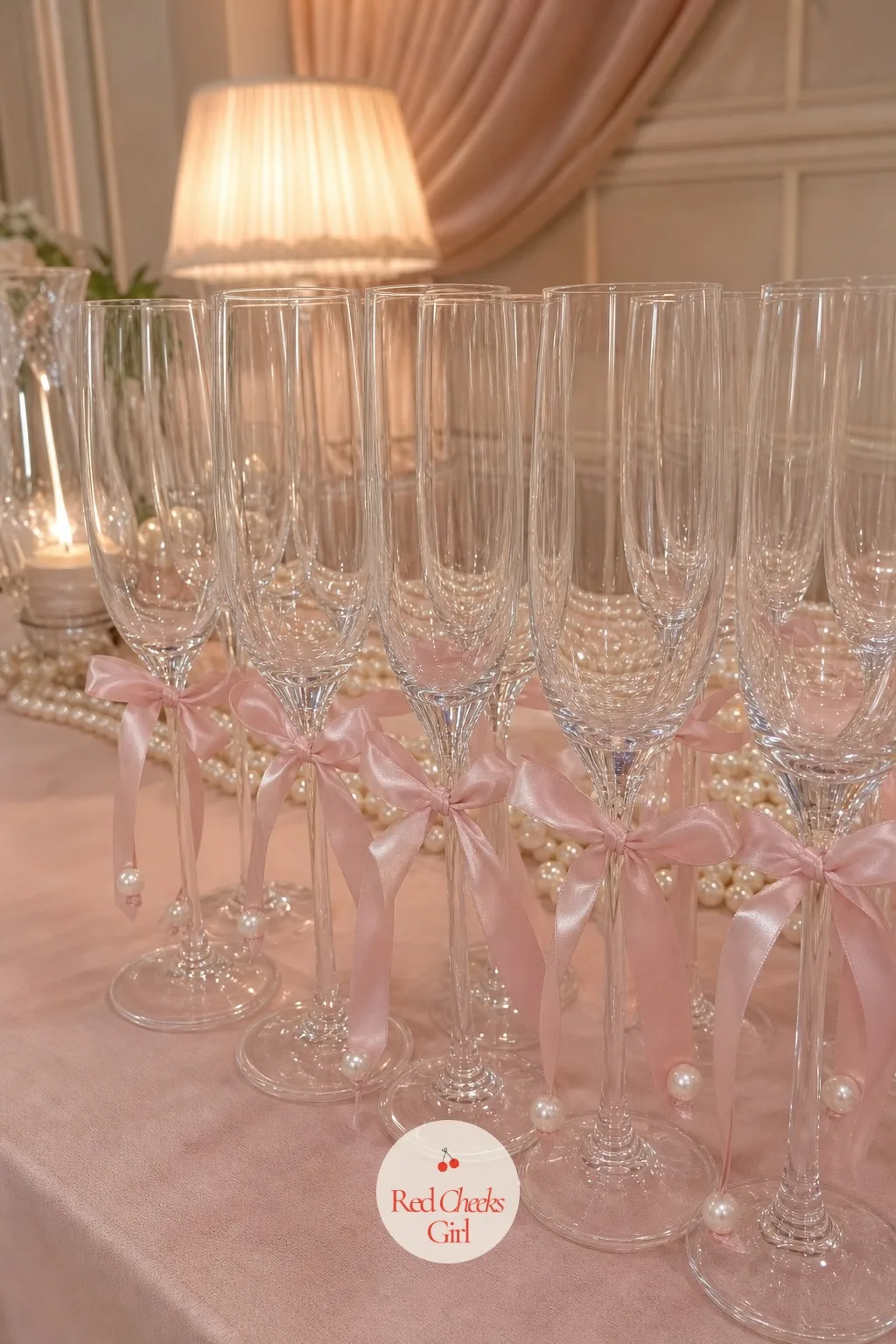 Ribbon-Tied Champagne Flutes for the Toast — At the toast, every glass matching is what makes the photo work, a thin bow tied around each stem with a single