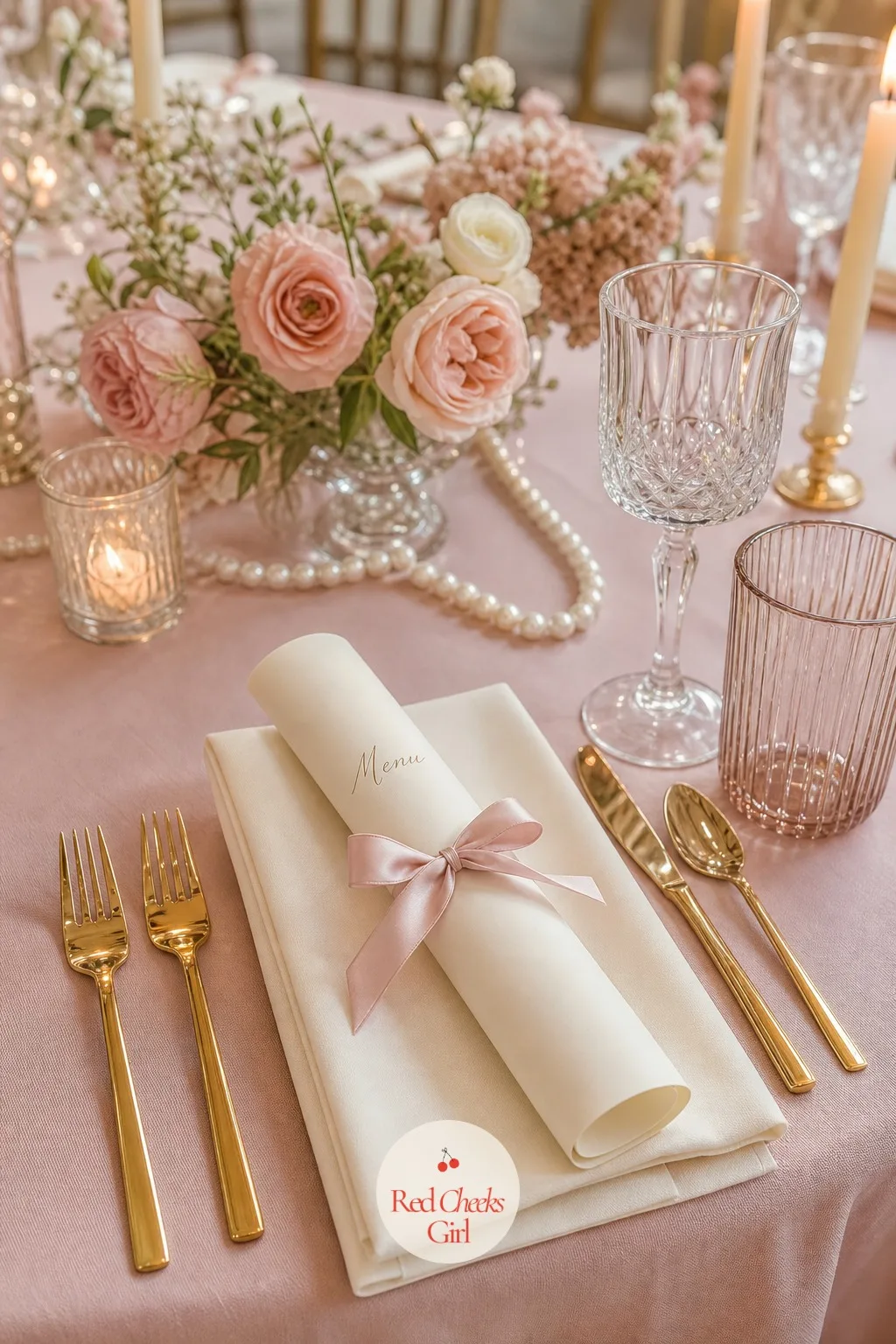 Ribbon-Tied Menus — At each place, the menu card is not stapled or simply printed flat, it is tied closed with a thin satin bow, set right on the folded napkin