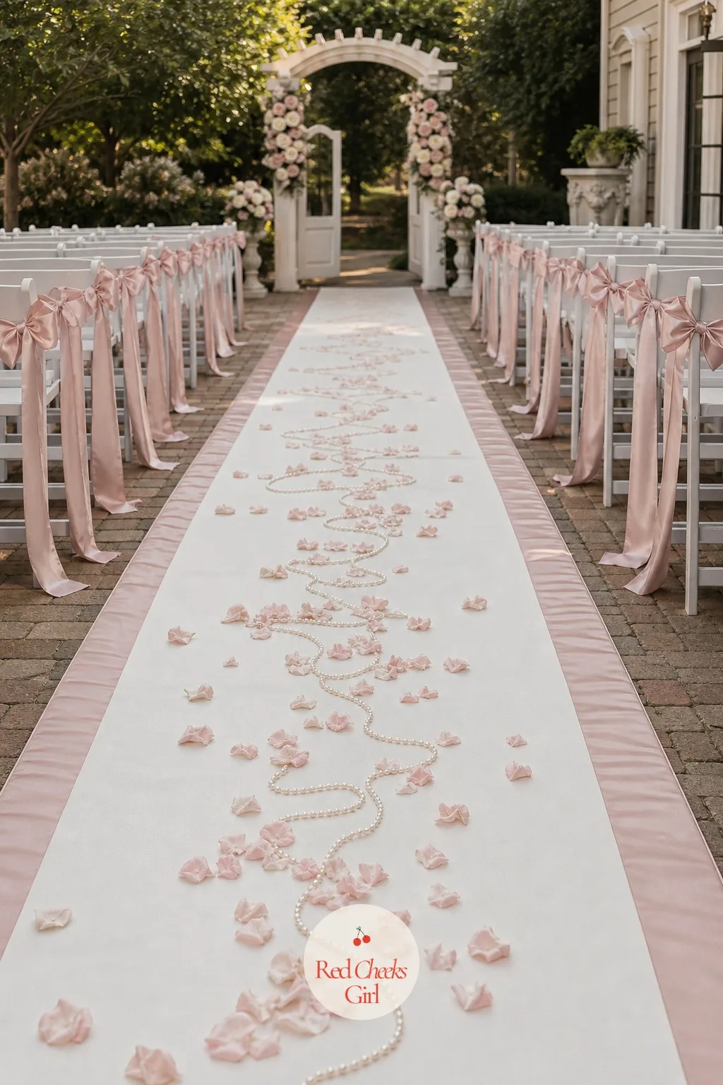 Ribbon-Wrapped Aisle Runner — Underfoot, the aisle is not the usual plain white strip. Coquette wedding