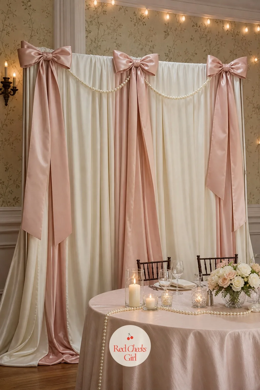 Ribbon-Wrapped Photo Backdrop — Somewhere near the bar or the entrance, guests gather to take pictures, and this backdrop gives them a wall worth standing in