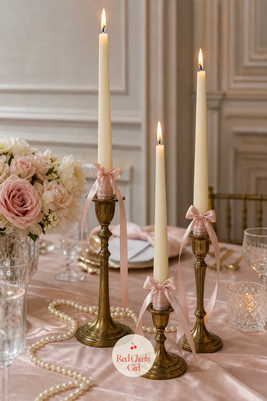 Ribbon-Wrapped Taper Candles — As the light drops, the candlelight does most of the romance on its own, but the ribbon wrapped near the base of each taper