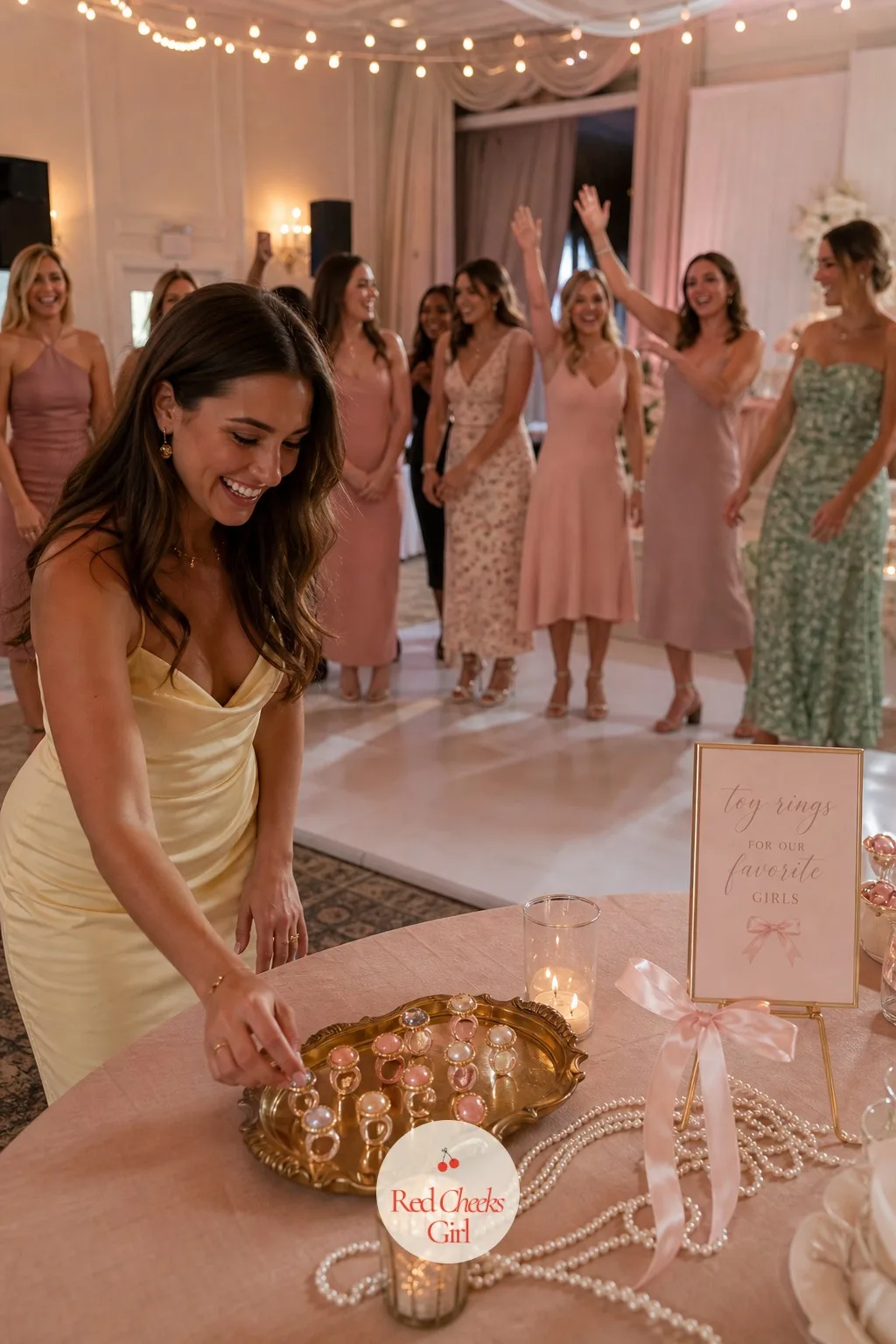 Toy Rings for Bridesmaids Instead of a Bouquet Toss — Instead of flinging a bouquet into a crowd, the bridesmaids gather around a tray of small plastic rings