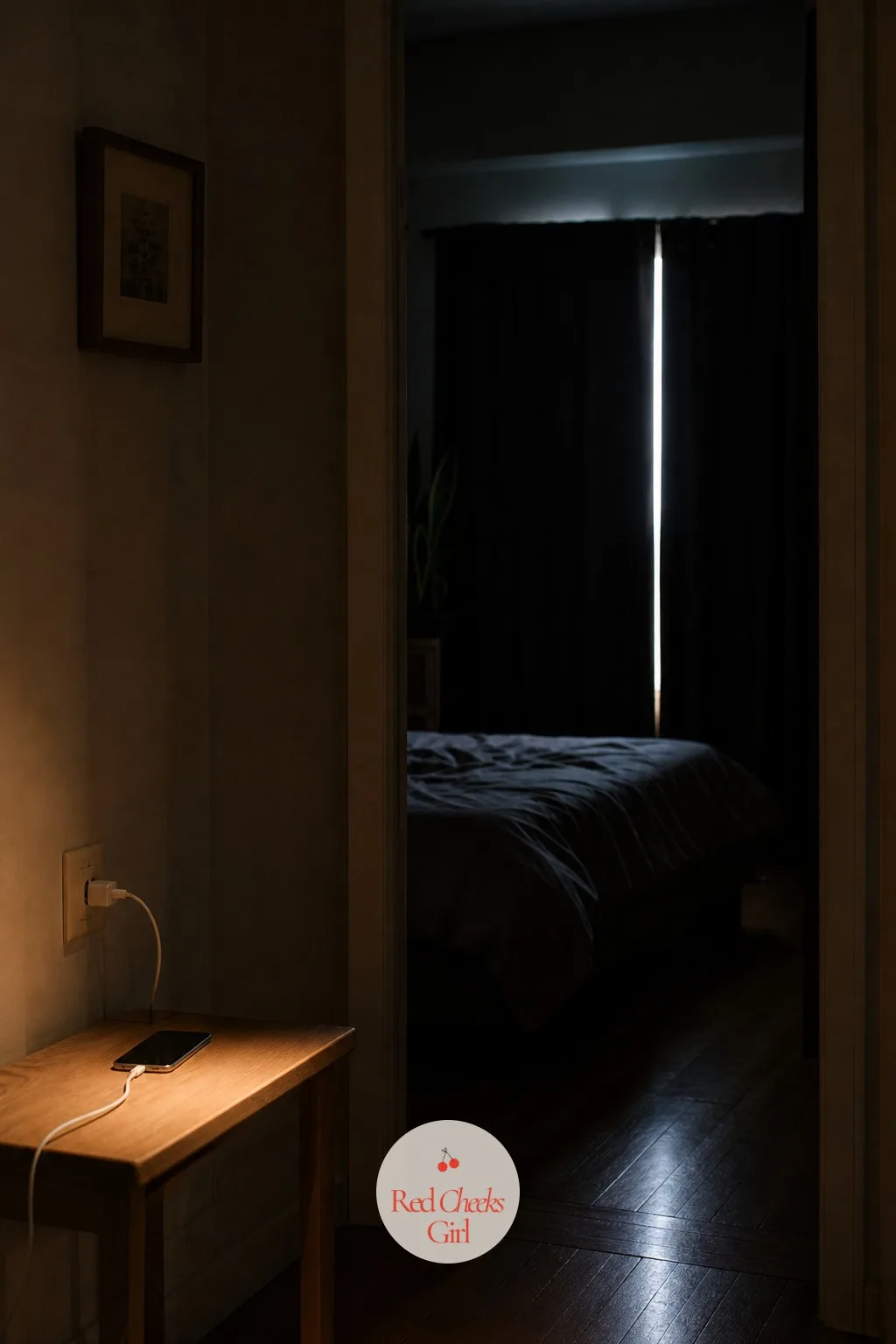 A Dark, Cool Bedroom With the Phone Charging in the Hallway — The last scroll in bed is the hardest habit on this list to break, mostly because the phone is