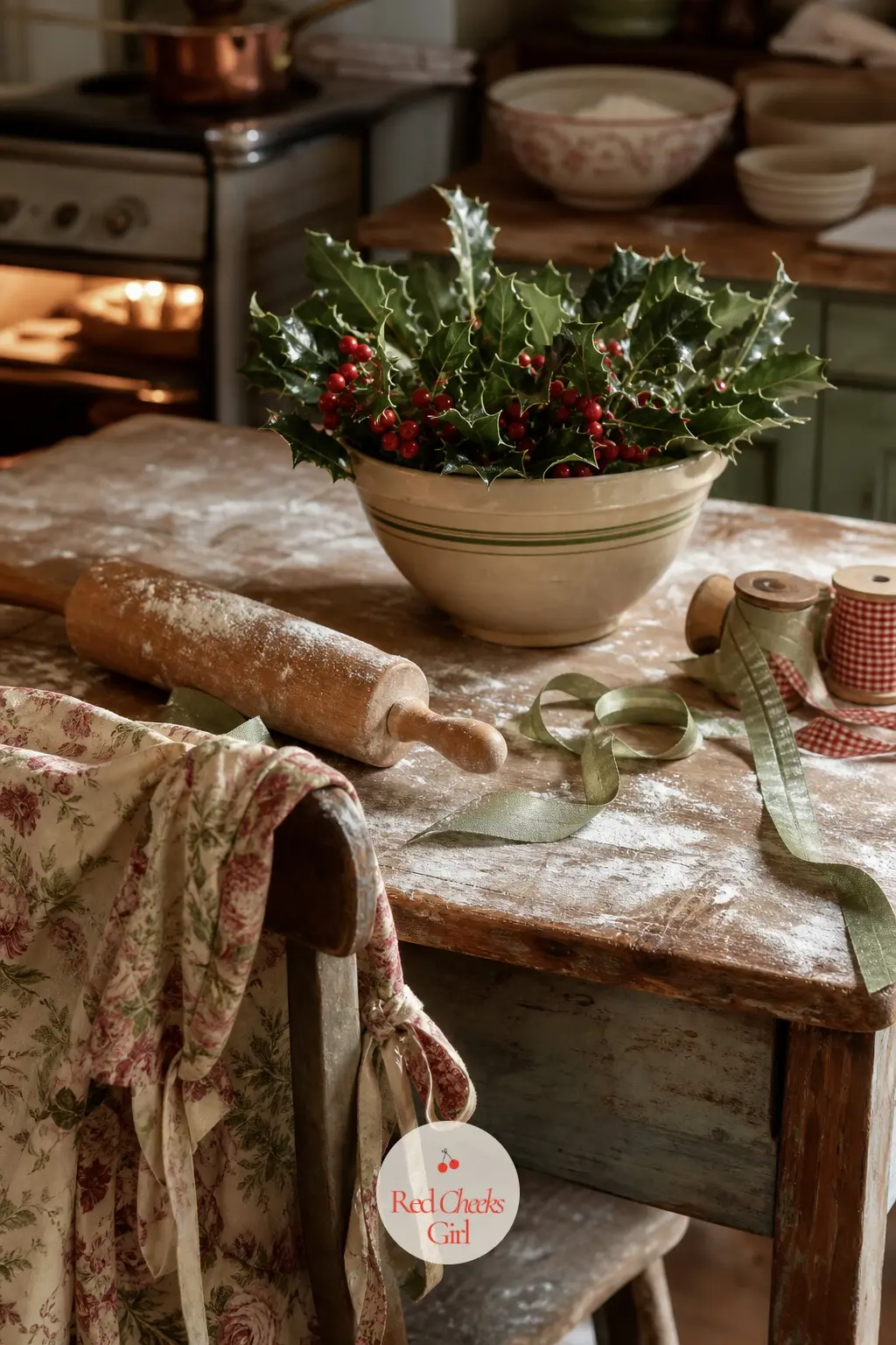 The Baking Table, Dusted in Flour and Ribbon — The kitchen table where the mince pies actually get made is dressed lightly, not covered, because flour and a