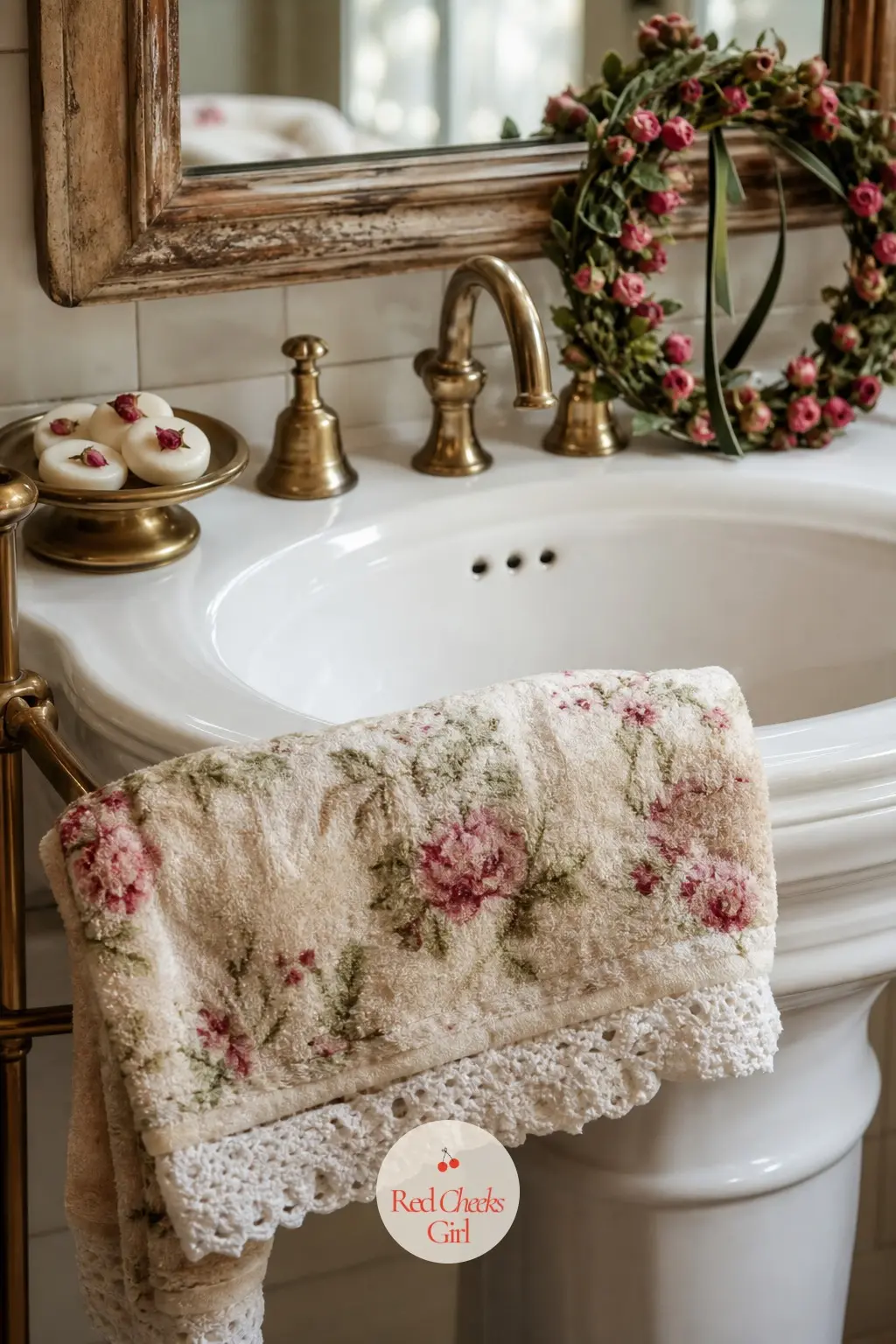The Bathroom Basin, Trimmed in Rosebuds — The bathroom basin takes the smallest dose of the theme and makes the biggest impression on a guest: two floral hand